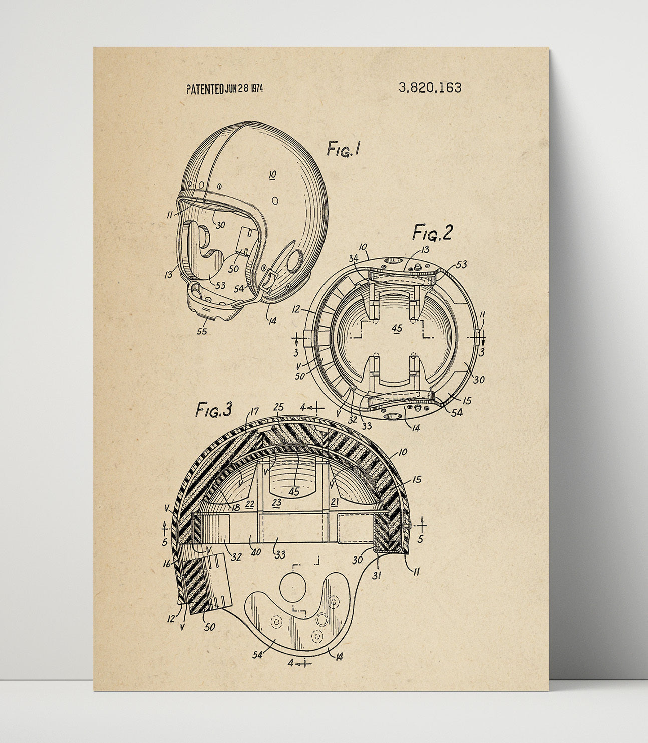 Patent Print - Football Helmet - Unknown Inventor - 1974 - Patent 3820163 Patent Wall Art