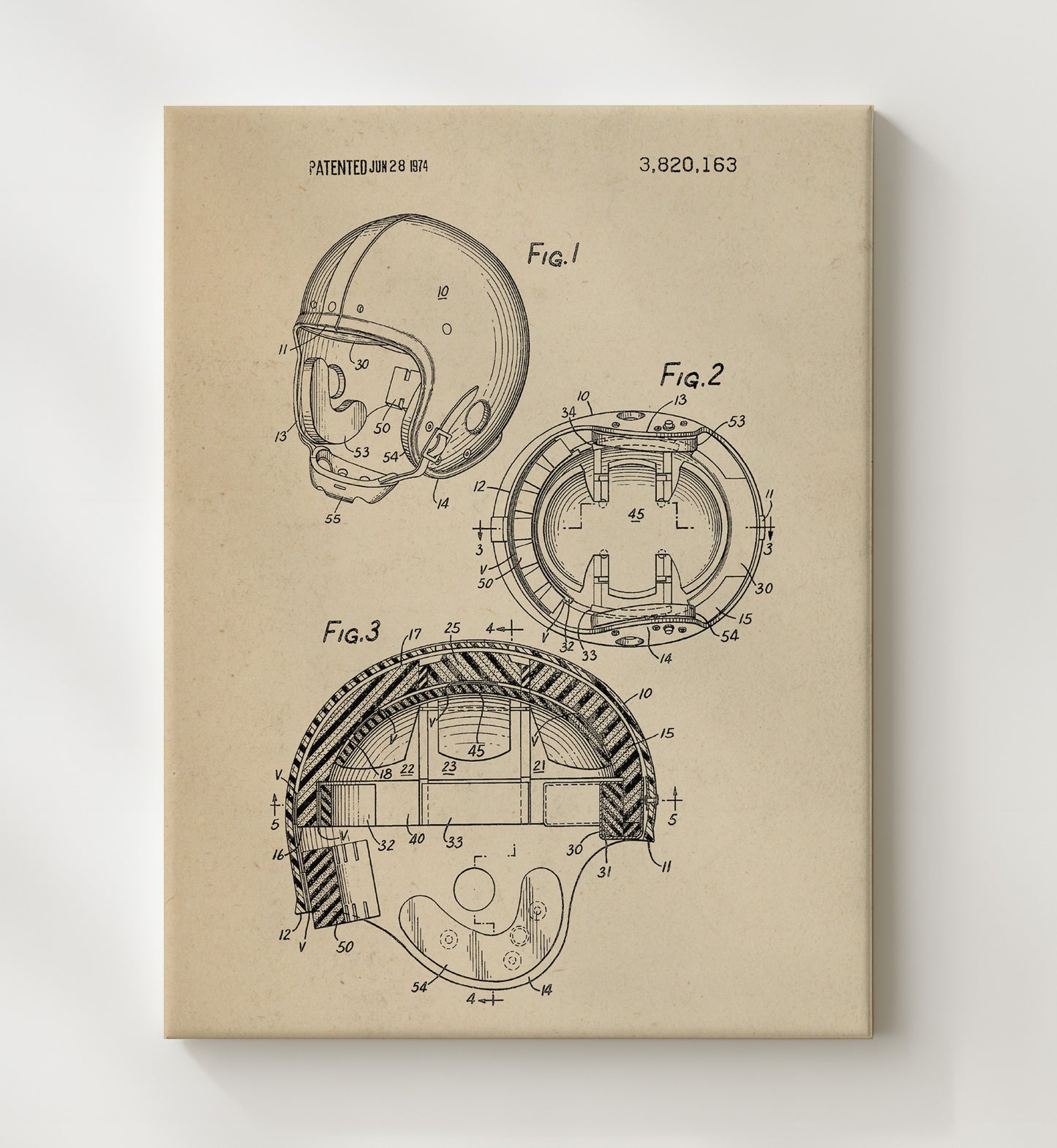Patent Print - Football Helmet - Unknown Inventor - 1974 - Patent 3820163 Patent Wall Art