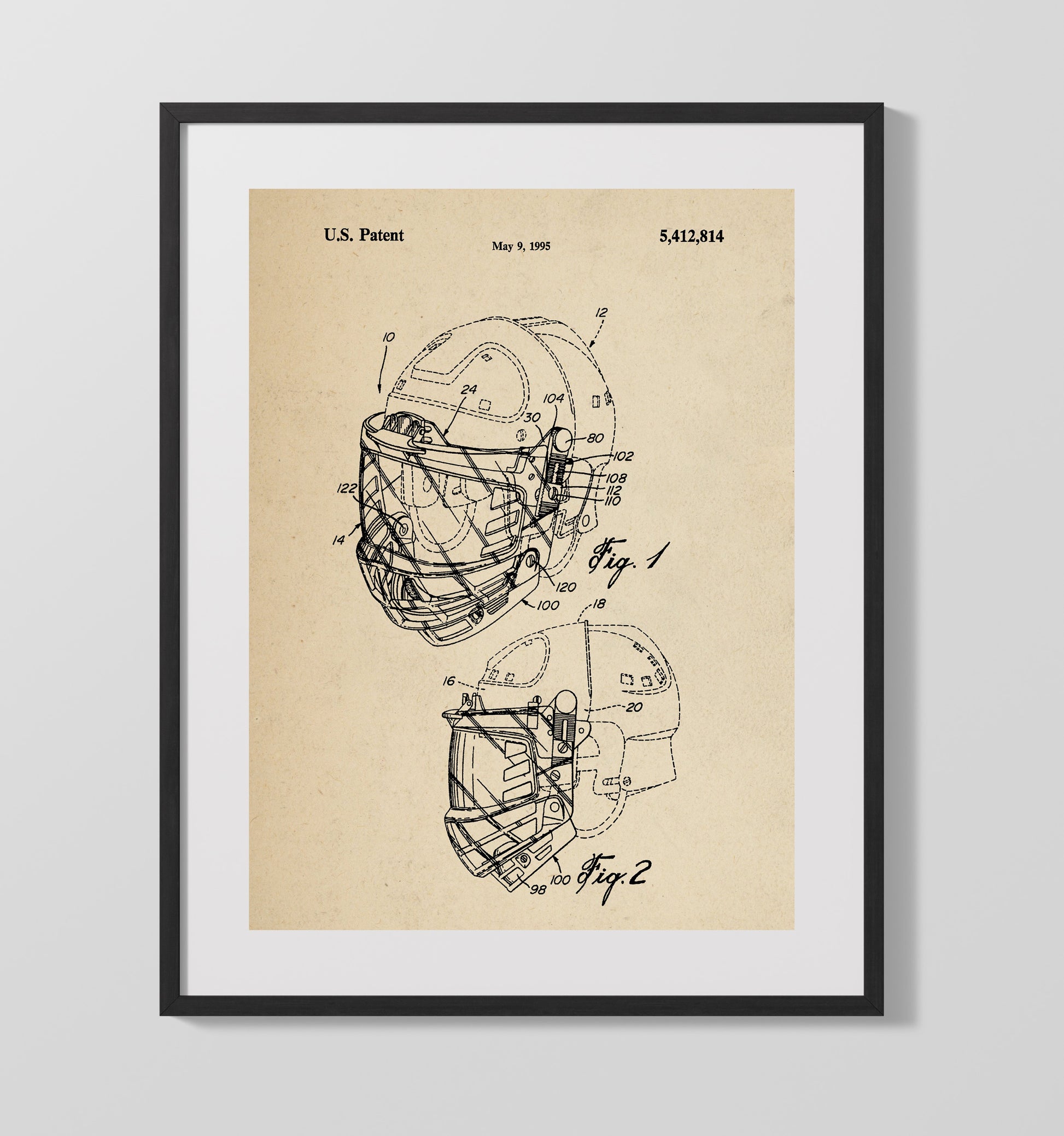 Patent Print - Football Helmet Face Mask - Unknown Inventor - 1995 - Patent 5412814 Patent Wall Art