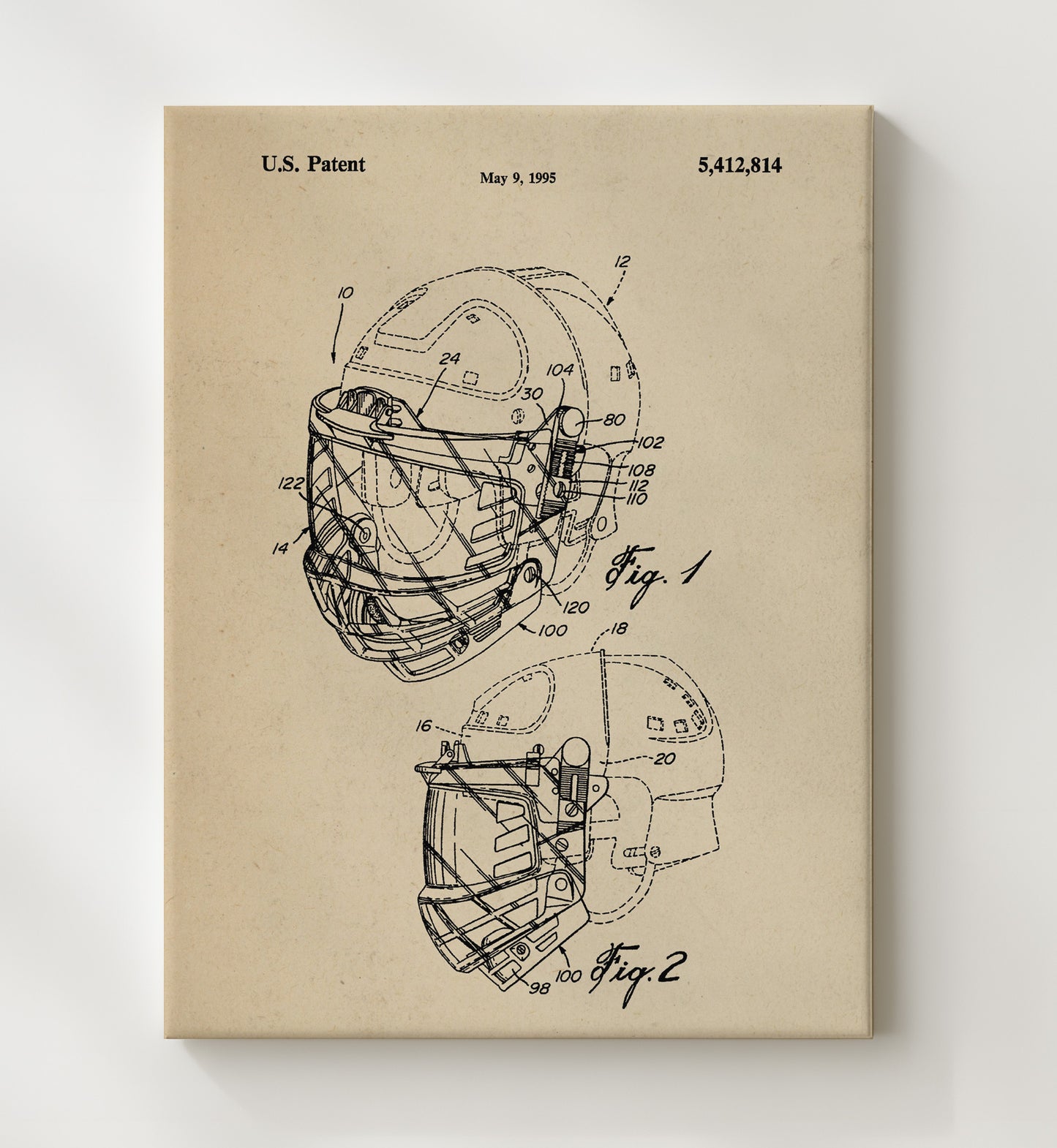 Patent Print - Football Helmet Face Mask - Unknown Inventor - 1995 - Patent 5412814 Patent Wall Art