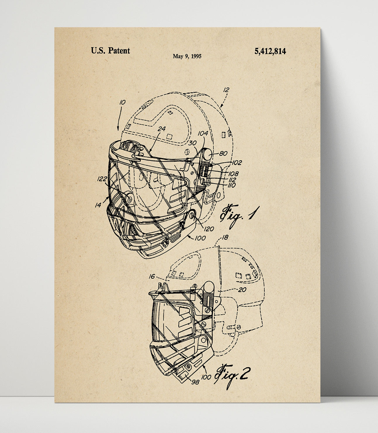 Patent Print - Football Helmet Face Mask - Unknown Inventor - 1995 - Patent 5412814 Patent Wall Art