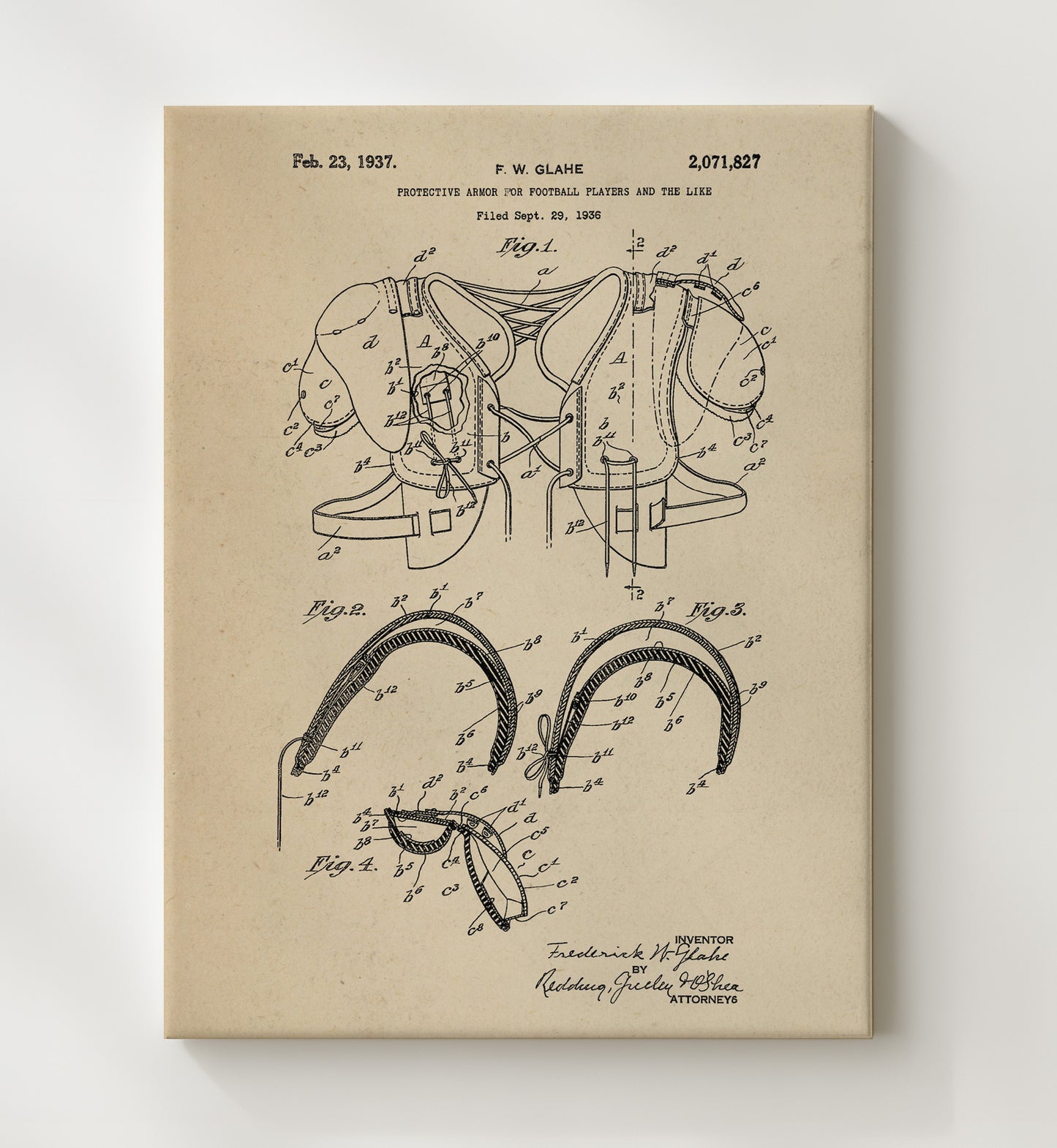 Patent Print - Football Shoulder Pads - F W Glahe - 1937 - Patent 2071827 Patent Wall Art