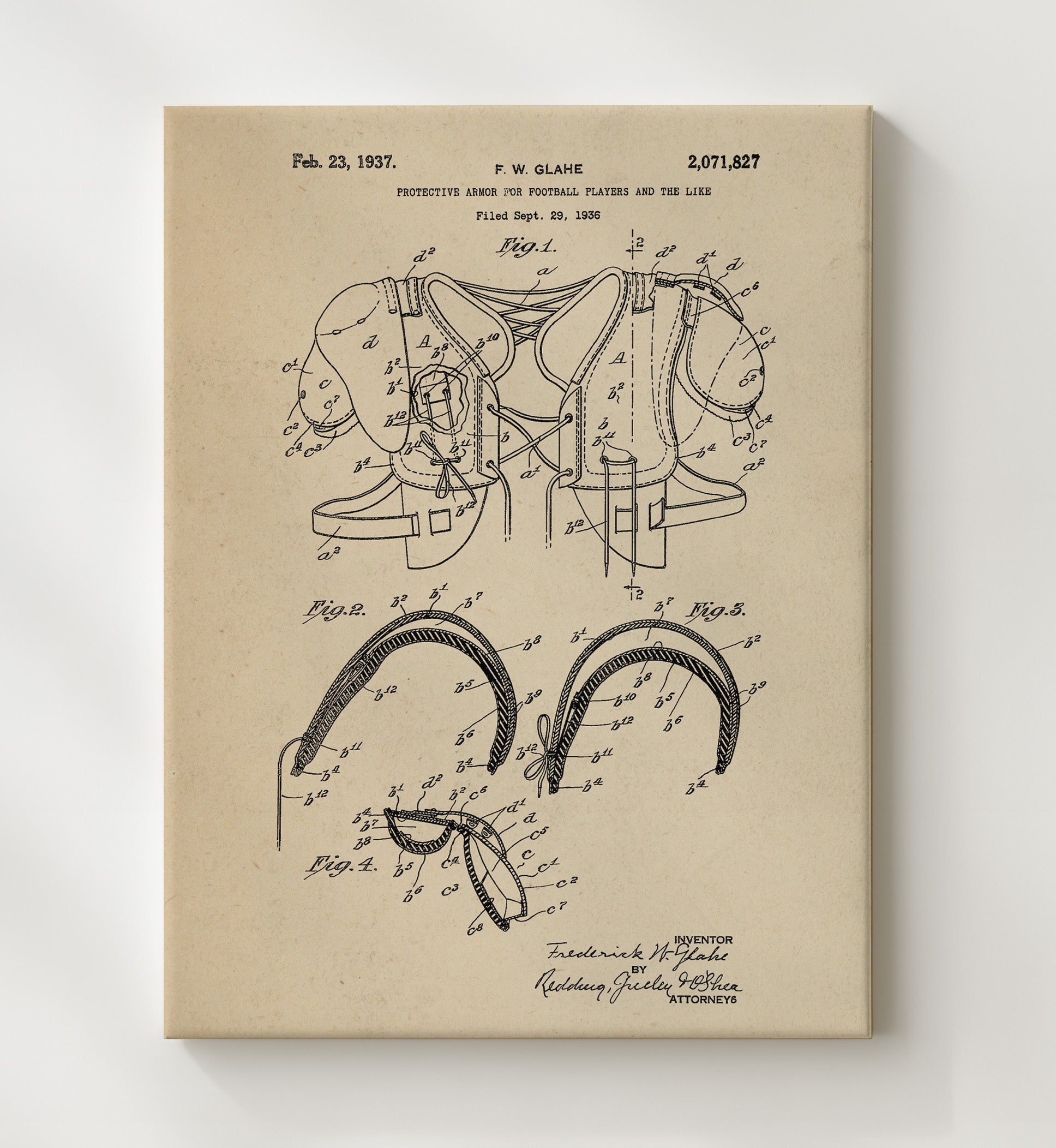 Patent Print - Football Shoulder Pads - F W Glahe - 1937 - Patent 2071827 Patent Wall Art