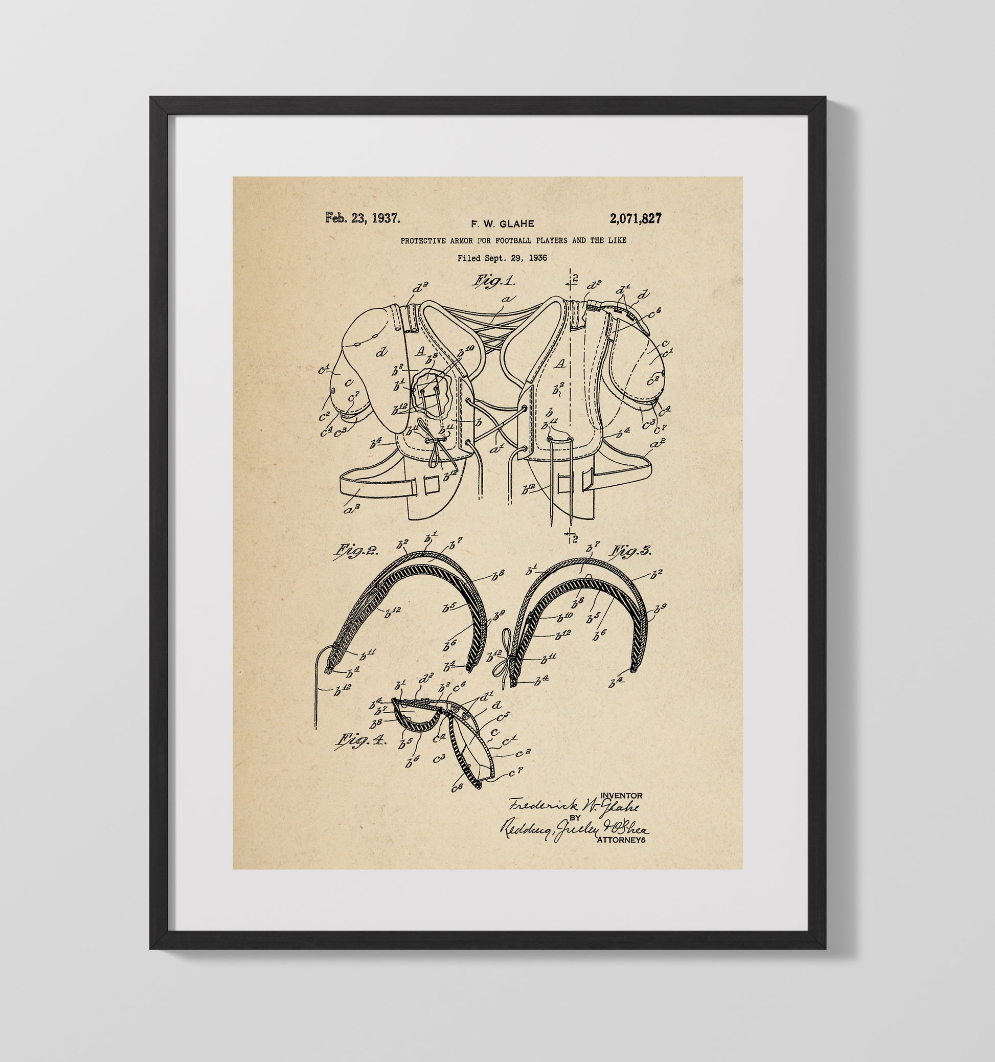 Patent Print - Football Shoulder Pads - F W Glahe - 1937 - Patent 2071827 Patent Wall Art