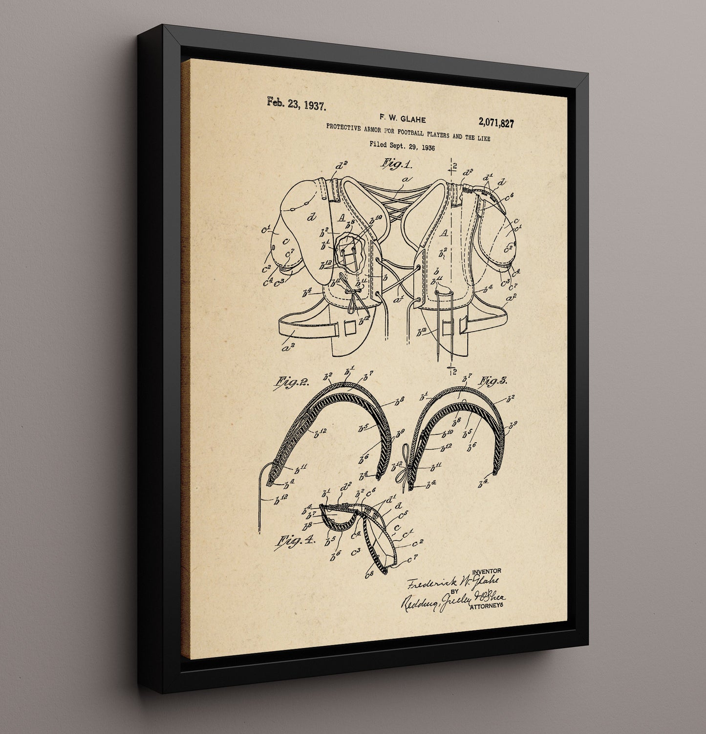 Patent Print - Football Shoulder Pads - F W Glahe - 1937 - Patent 2071827 Patent Wall Art