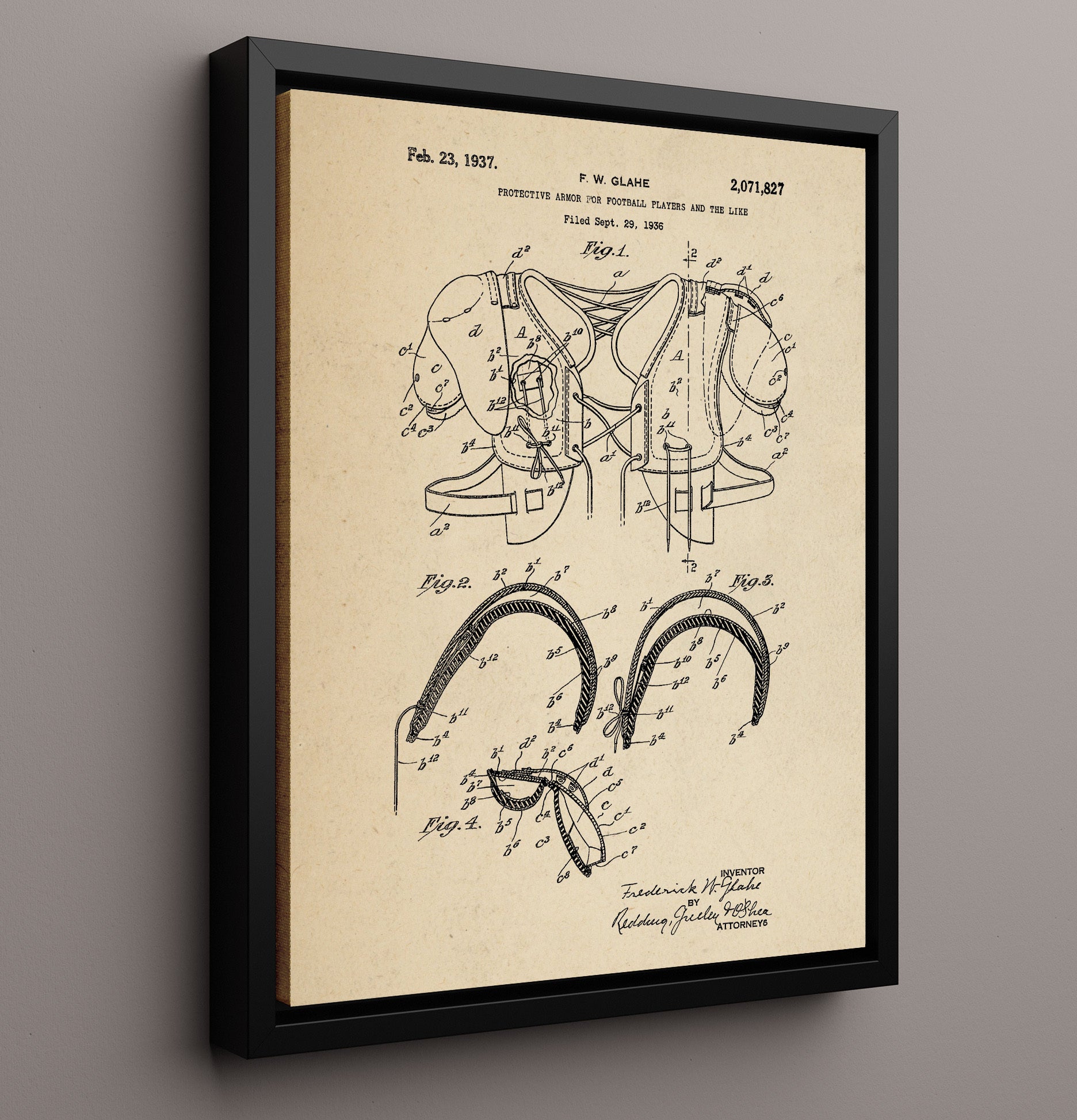 Patent Print - Football Shoulder Pads - F W Glahe - 1937 - Patent 2071827 Patent Wall Art
