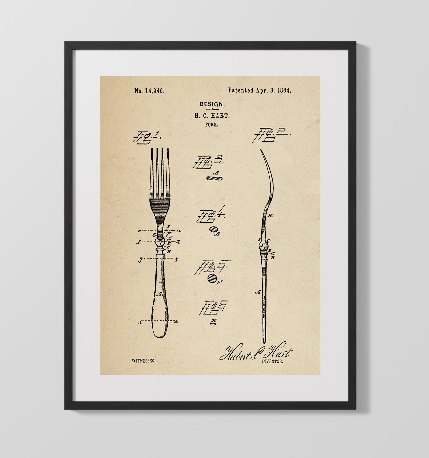 Patent Print - Fork - H.C. Hart - 1884 - Patent D14946 Patent Wall Art