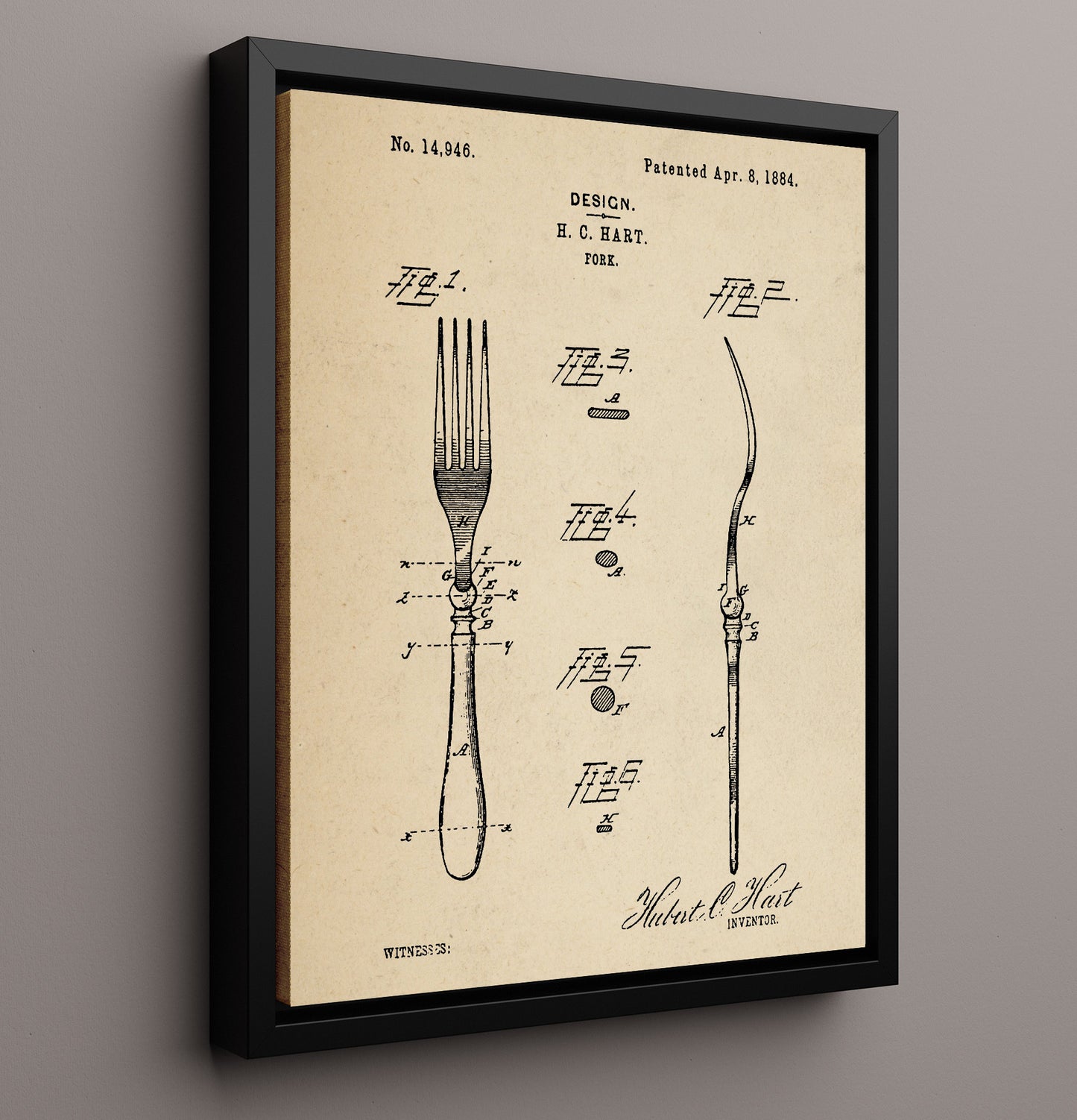 Patent Print - Fork - H.C. Hart - 1884 - Patent D14946 Patent Wall Art