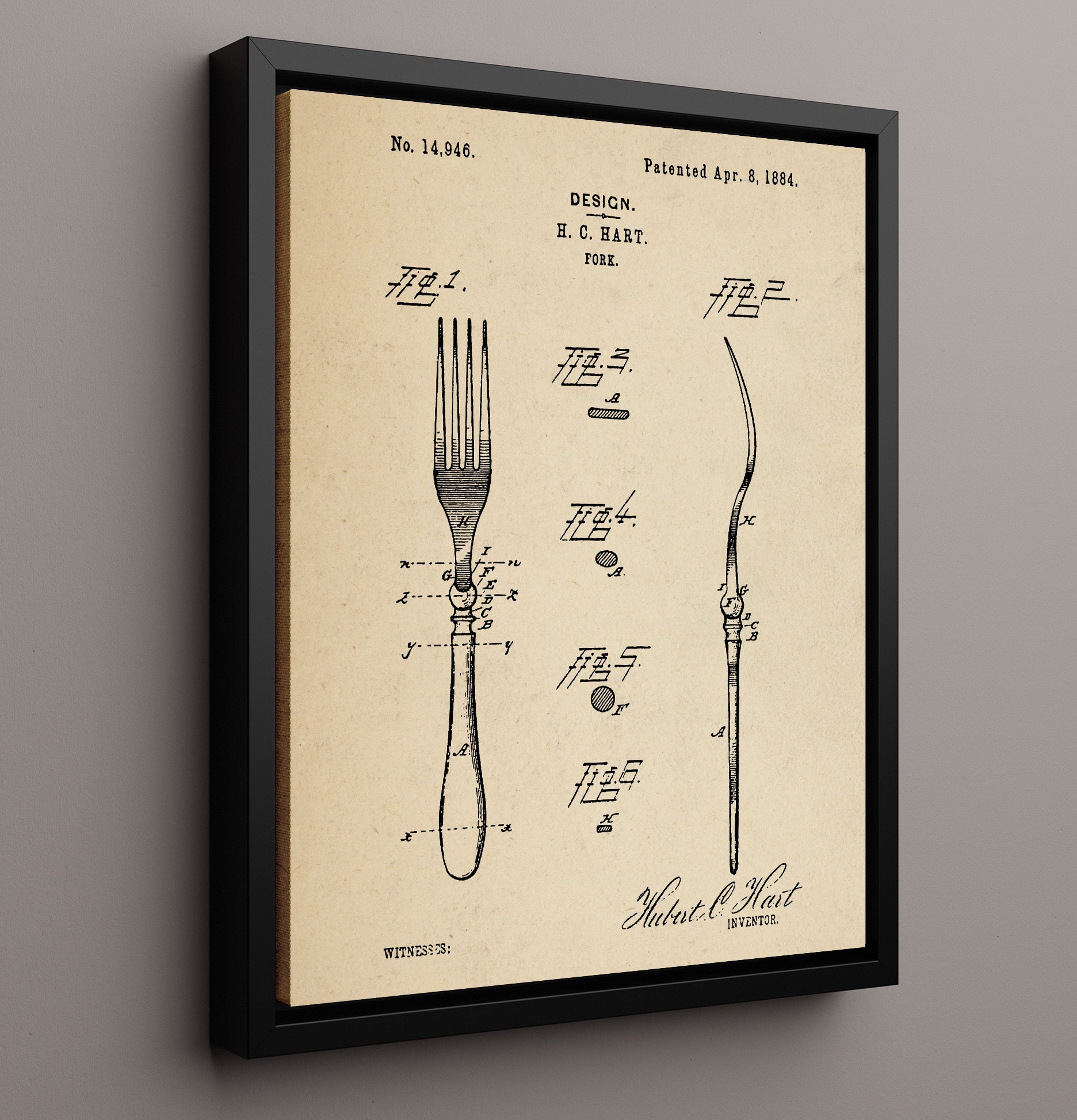 Patent Print - Fork - H.C. Hart - 1884 - Patent D14946 Patent Wall Art