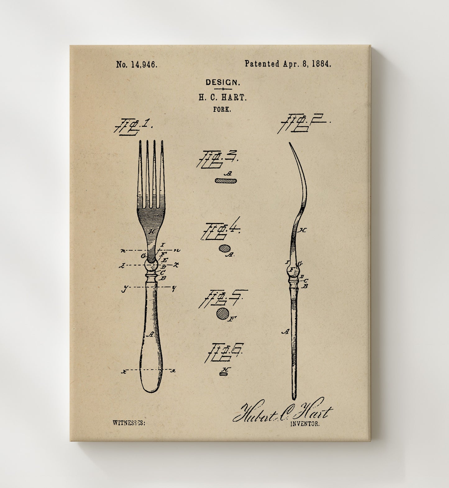 Patent Print - Fork Design - H.C. Hart - 1884 - Patent D14946 Patent Wall Art