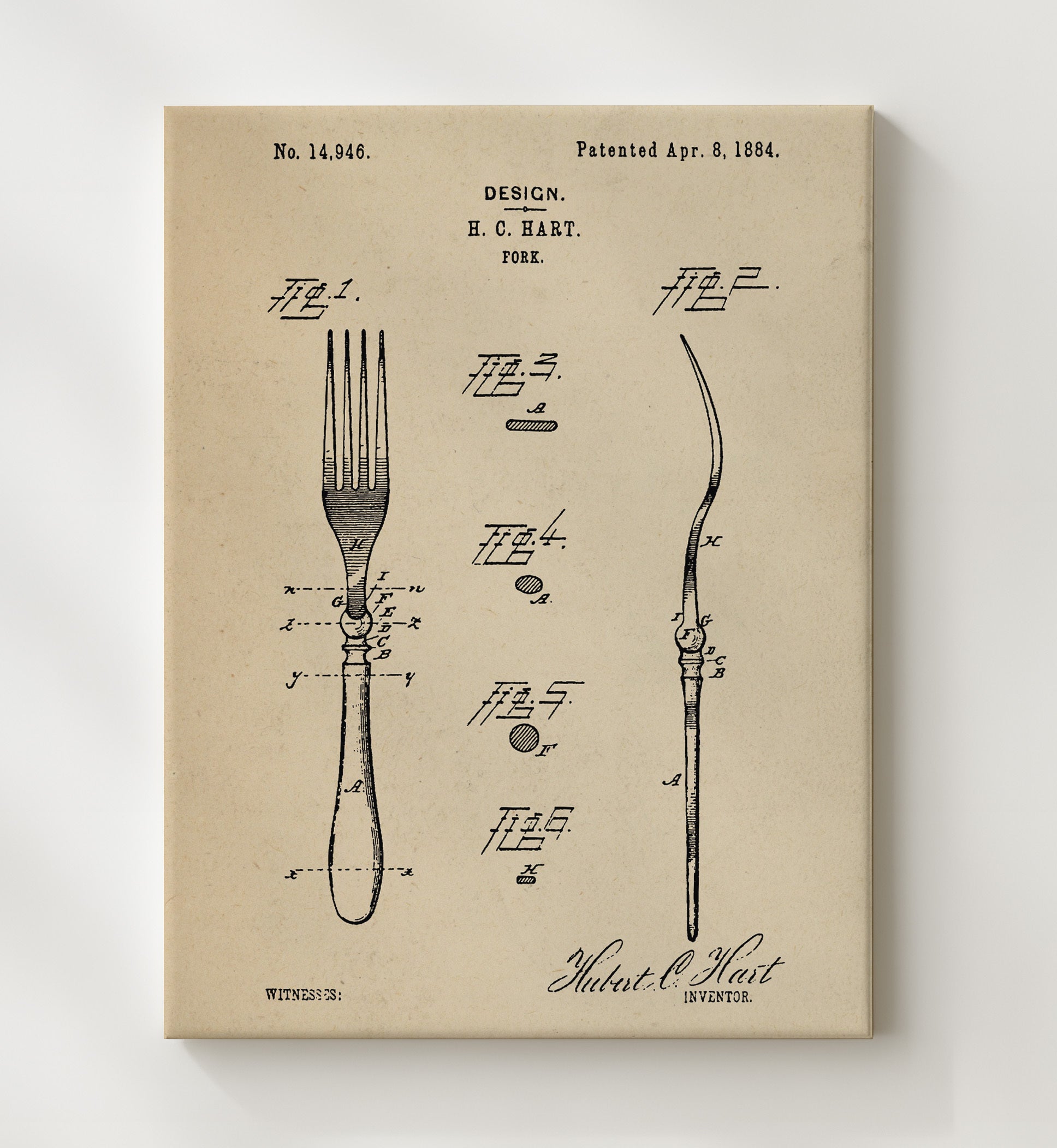 Patent Print - Fork Design - H.C. Hart - 1884 - Patent D14946 Patent Wall Art
