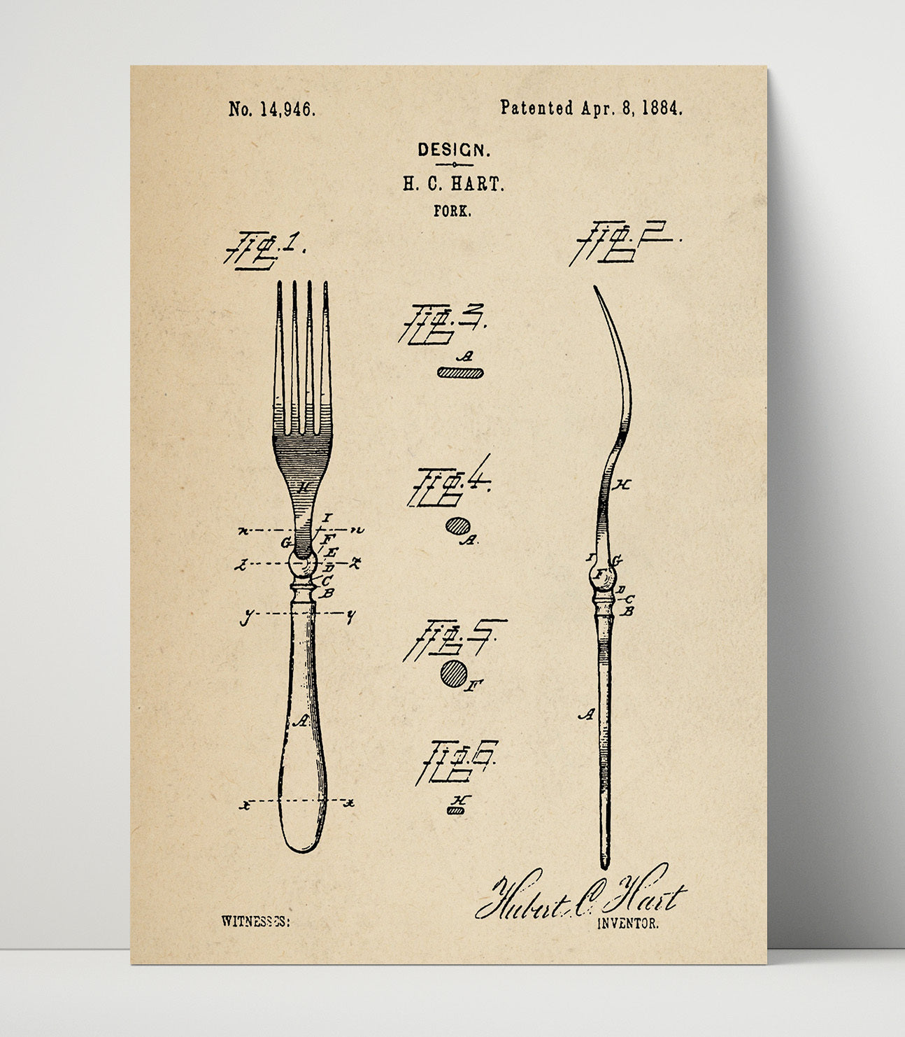 Patent Print - Fork Design - H.C. Hart - 1884 - Patent D14946 Patent Wall Art