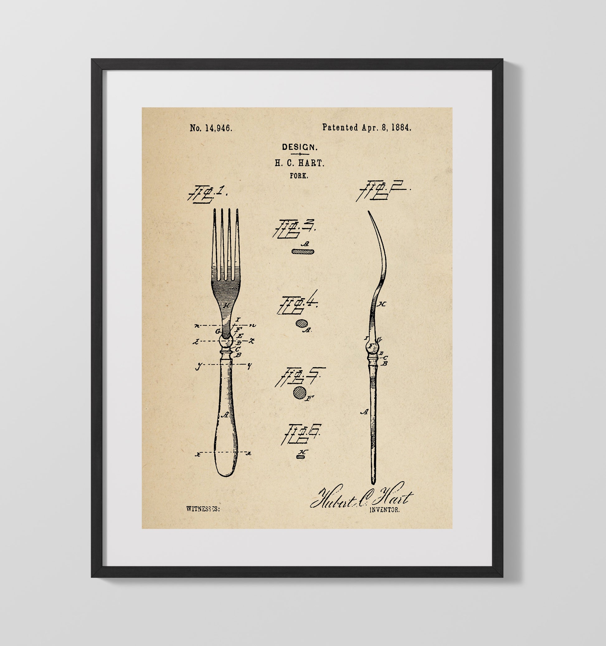 Patent Print - Fork Design - H.C. Hart - 1884 - Patent D14946 Patent Wall Art