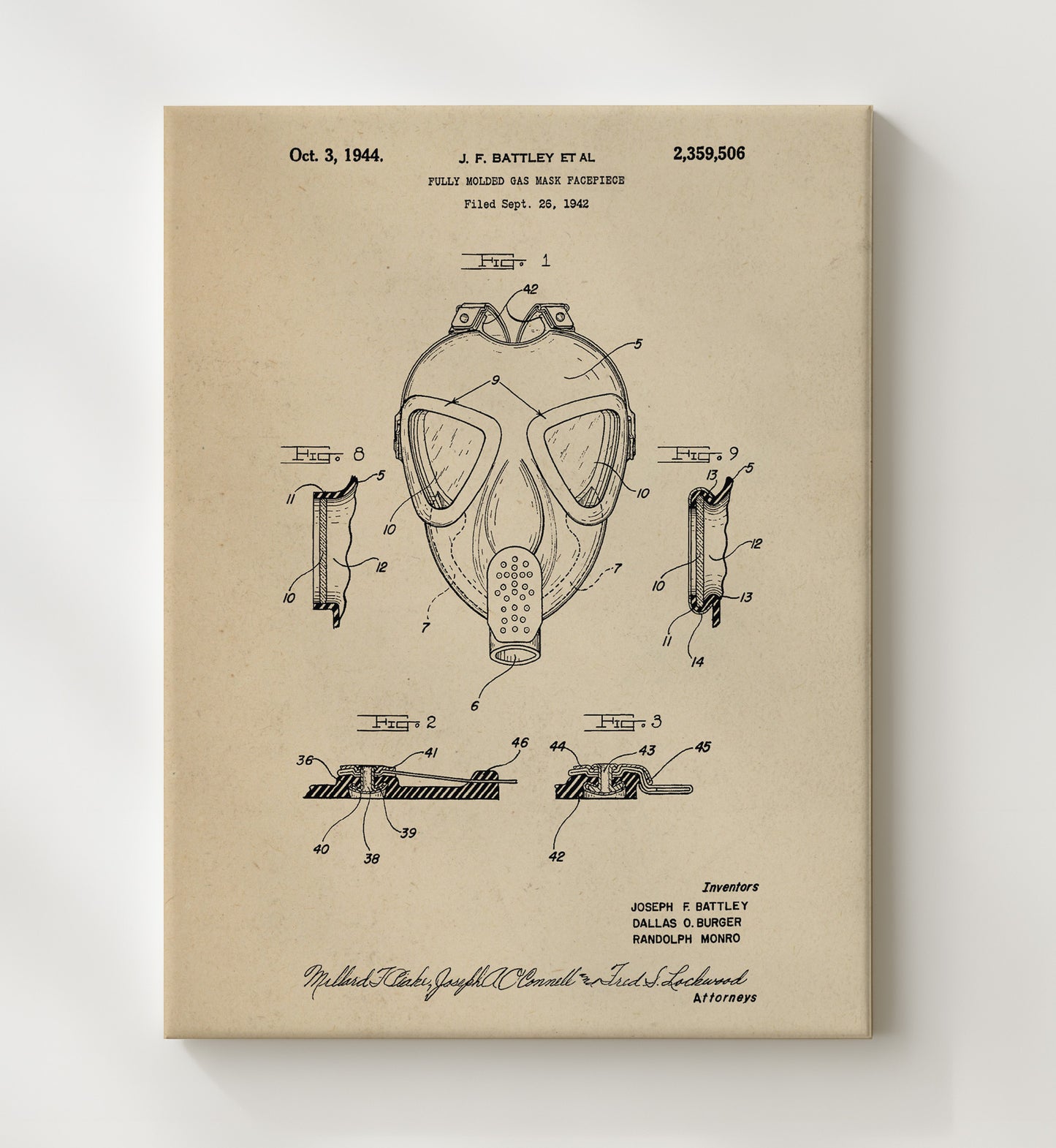 Patent Print - Fully Molded Gas Mask Facepiece - J. F. Battley Et Al - 1944 - Patent 2359506 Patent Wall Art