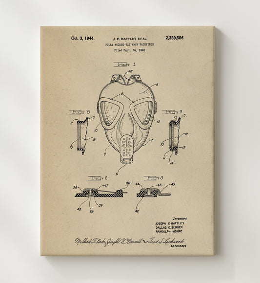 Fully Molded Gas Mask Facepiece 1944 patent print wall art 8x10 Canvas