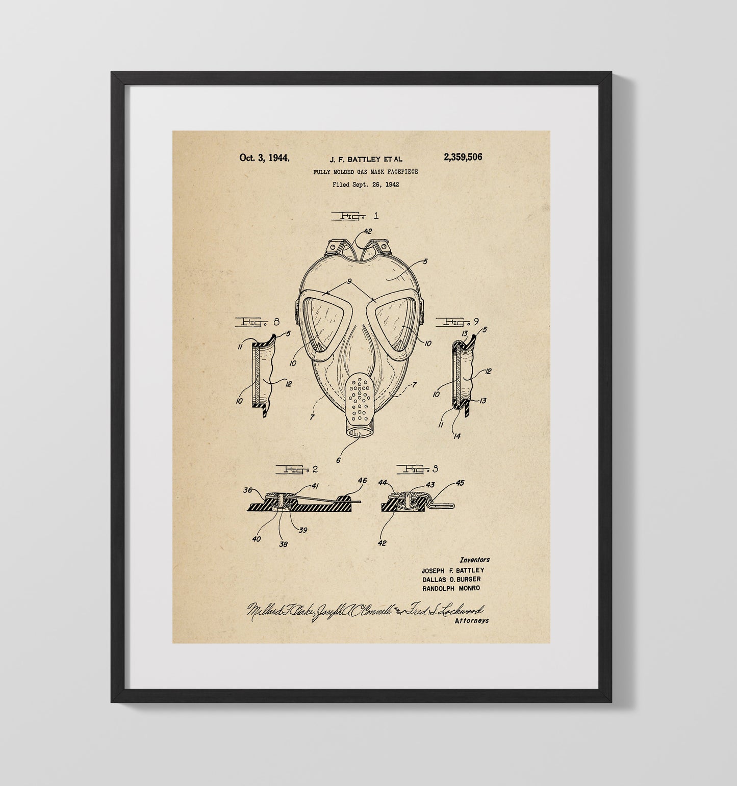 Patent Print - Fully Molded Gas Mask Facepiece - J. F. Battley Et Al - 1944 - Patent 2359506 Patent Wall Art