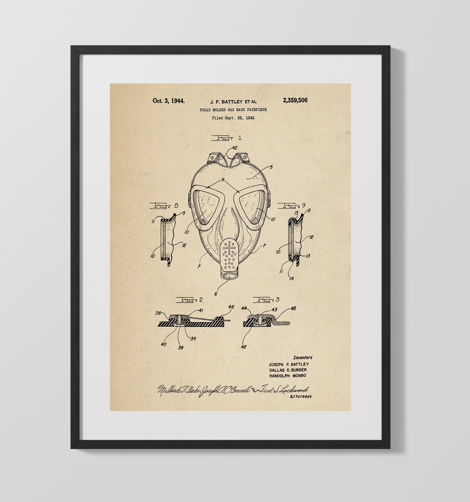 Patent Print - Fully Molded Gas Mask Facepiece - J. F. Battley Et Al - 1944 - Patent 2359506 Patent Wall Art