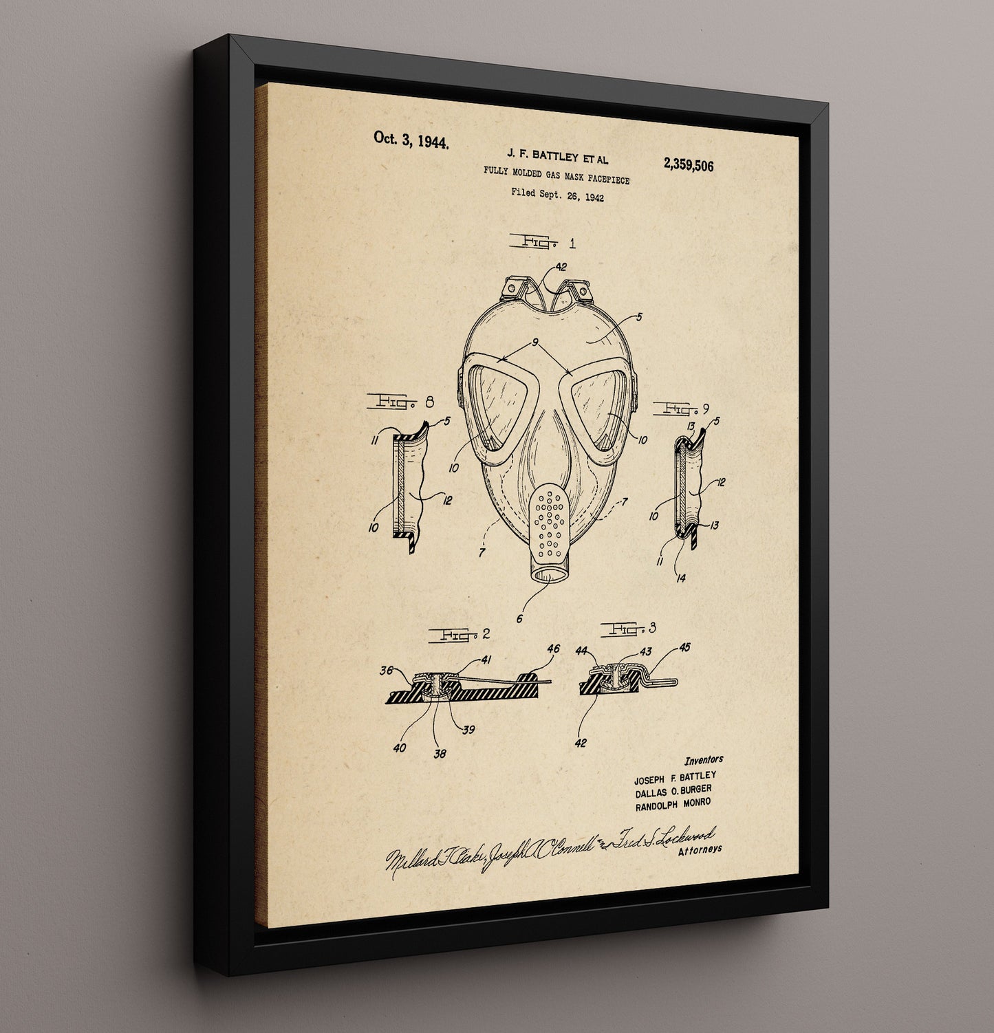 Patent Print - Fully Molded Gas Mask Facepiece - J. F. Battley Et Al - 1944 - Patent 2359506 Patent Wall Art