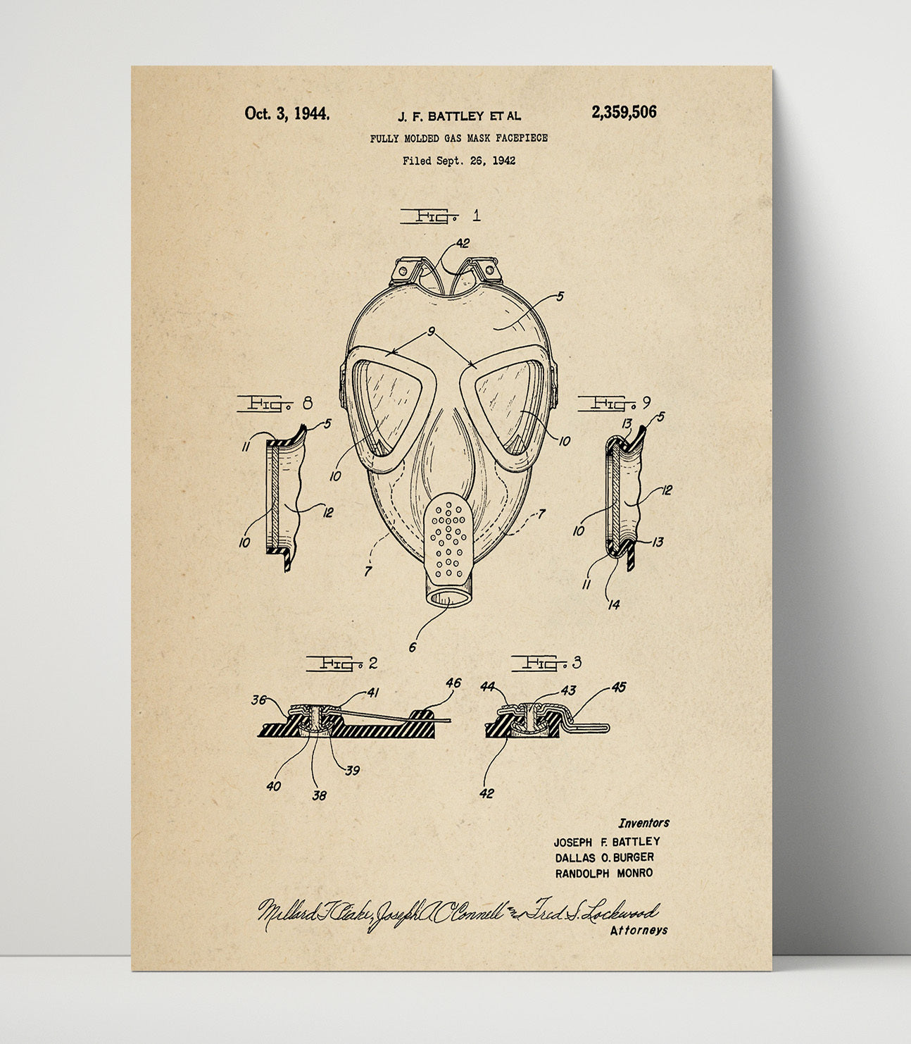 Patent Print - Fully Molded Gas Mask Facepiece - J. F. Battley Et Al - 1944 - Patent 2359506 Patent Wall Art