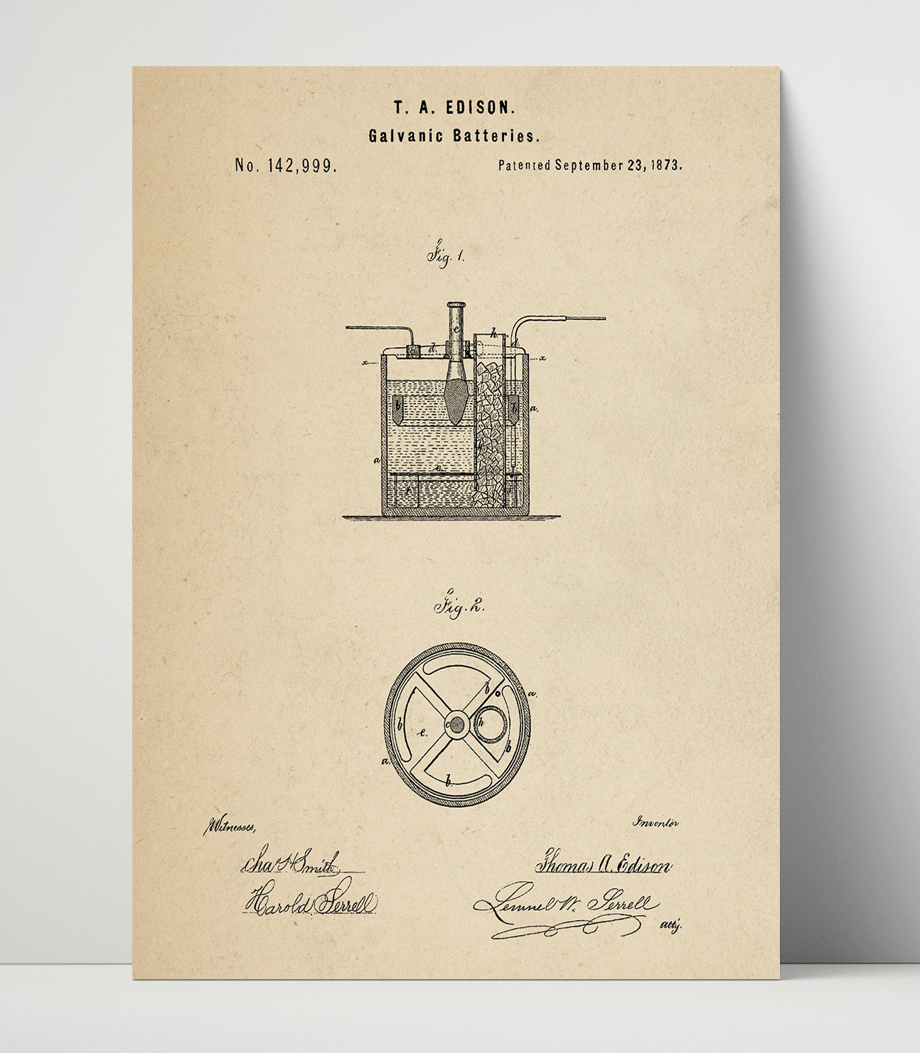 Patent Print - Galvanic Batteries - Thomas Edison - 1873 - Patent 142999 Patent Wall Art