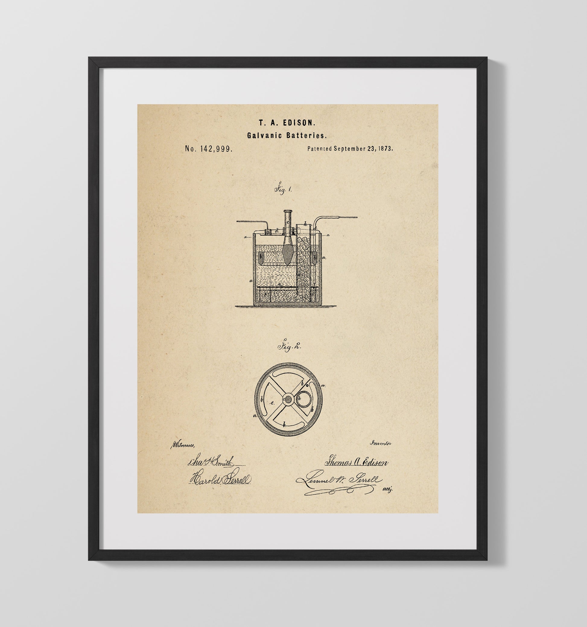 Patent Print - Galvanic Batteries - Thomas Edison - 1873 - Patent 142999 Patent Wall Art