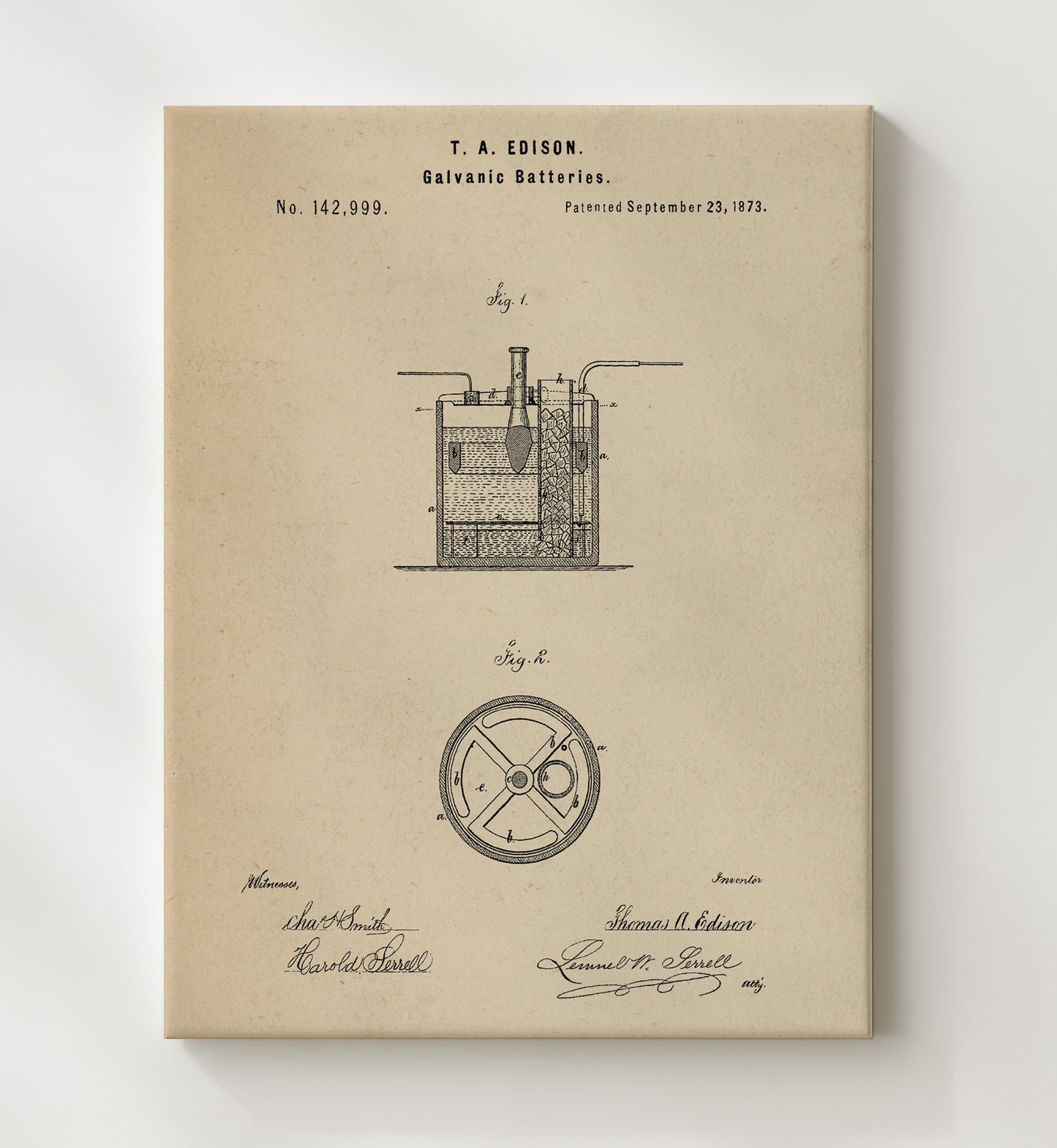 Patent Print - Galvanic Batteries - Thomas Edison - 1873 - Patent 142999 Patent Wall Art