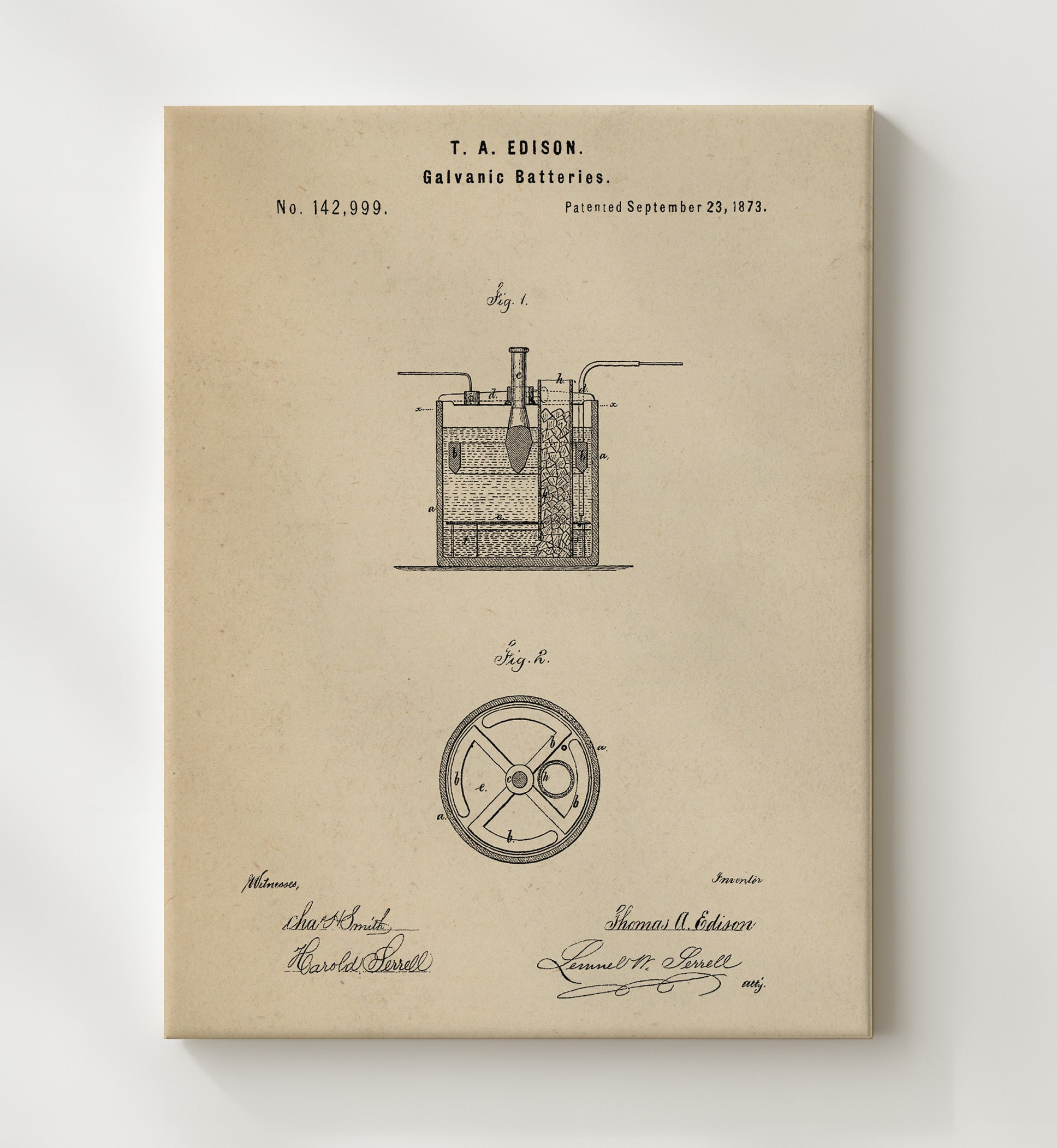 Patent Print - Galvanic Batteries - Thomas Edison - 1873 - Patent 142999 Patent Wall Art