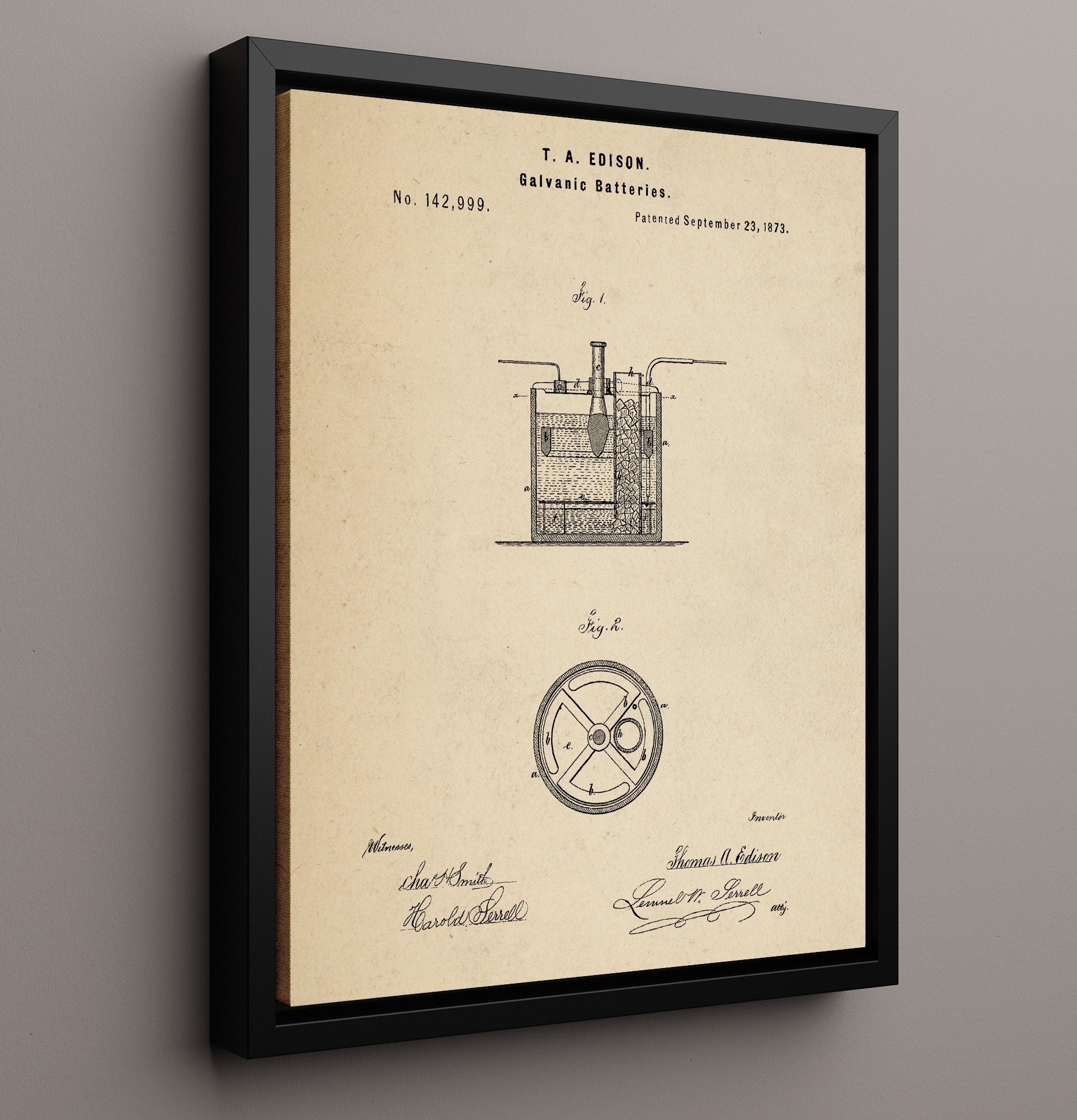 Patent Print - Galvanic Batteries - Thomas Edison - 1873 - Patent 142999 Patent Wall Art