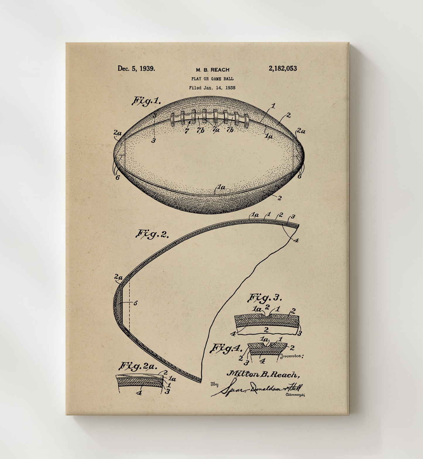 Patent Print - Game Ball - M B Reach - 1939 - Patent 2182053 Patent Wall Art