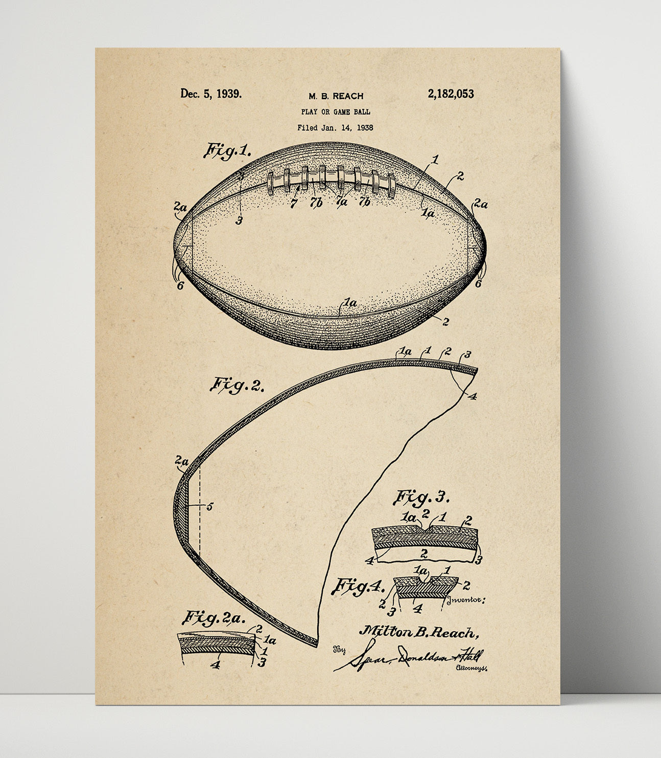 Patent Print - Game Ball - M B Reach - 1939 - Patent 2182053 Patent Wall Art