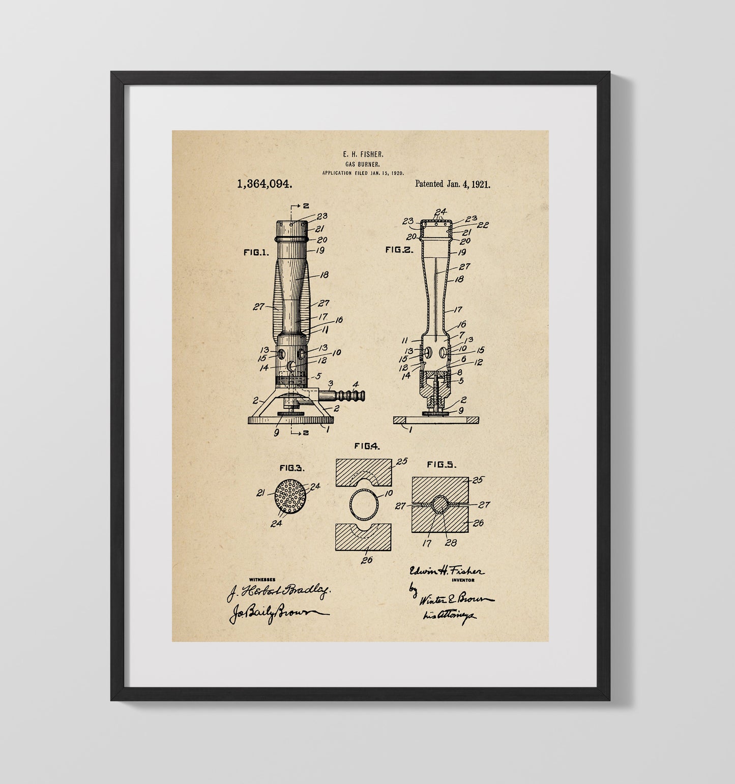 Patent Print - Gas Burner - Edwin H Fisher - 1921 - Patent 1364094 Patent Wall Art