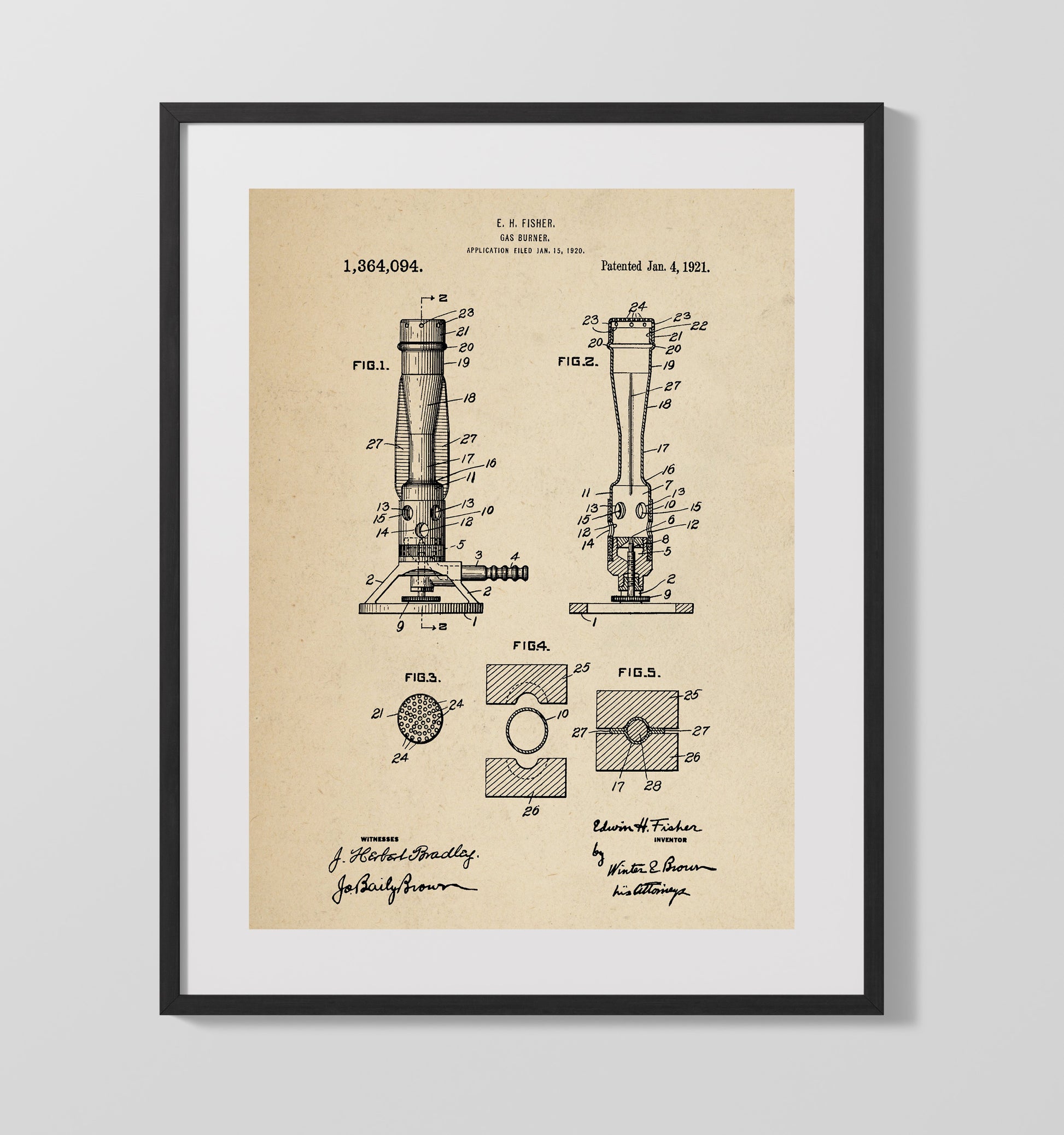 Patent Print - Gas Burner - Edwin H Fisher - 1921 - Patent 1364094 Patent Wall Art