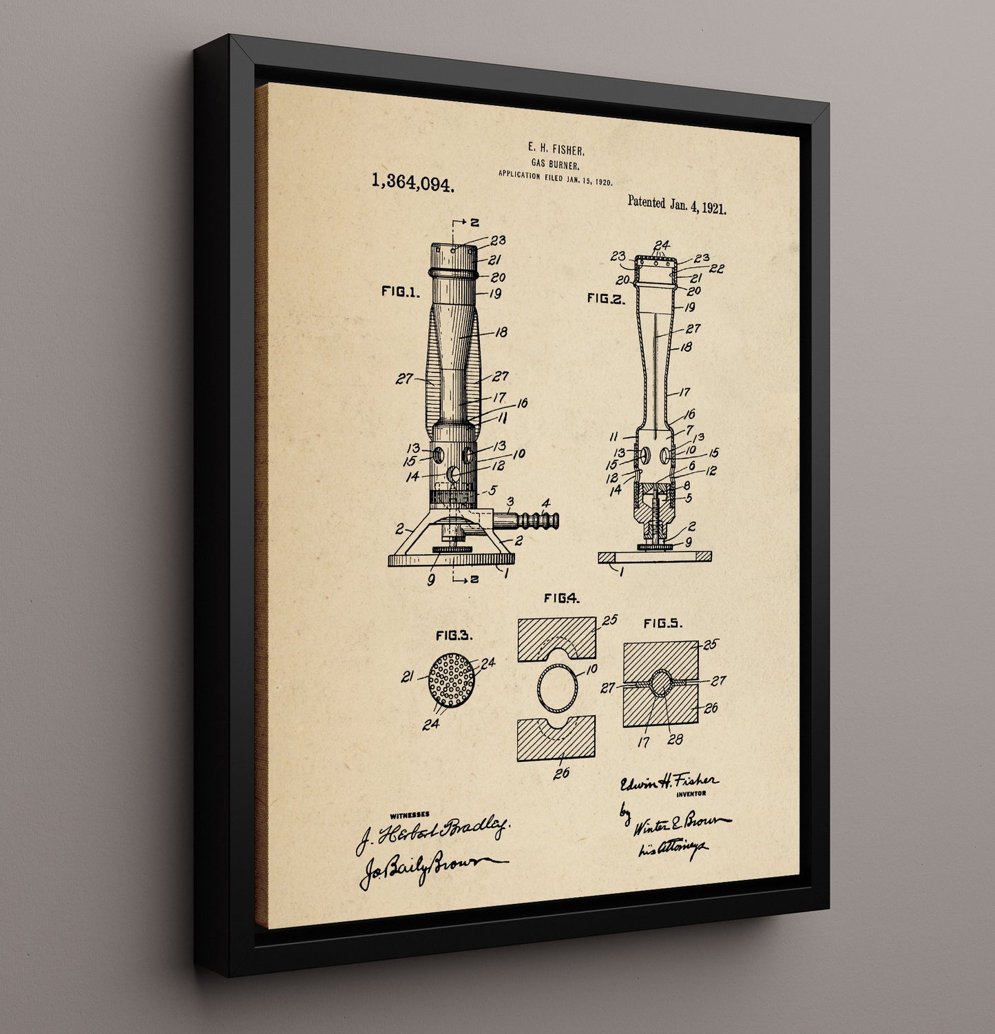 Patent Print - Gas Burner - Edwin H Fisher - 1921 - Patent 1364094 Patent Wall Art