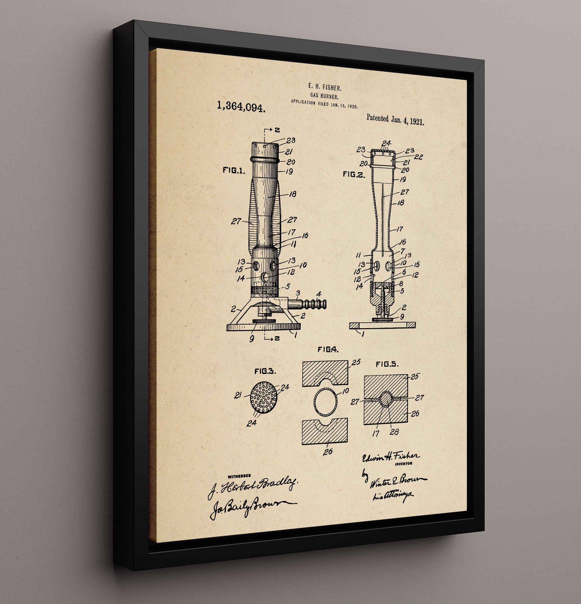 Patent Print - Gas Burner - Edwin H Fisher - 1921 - Patent 1364094 Patent Wall Art