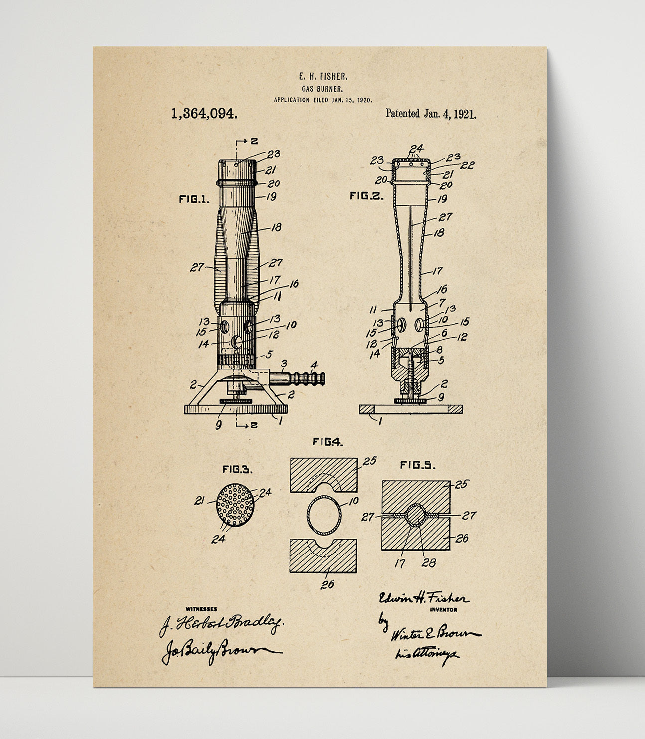 Patent Print - Gas Burner - Edwin H Fisher - 1921 - Patent 1364094 Patent Wall Art