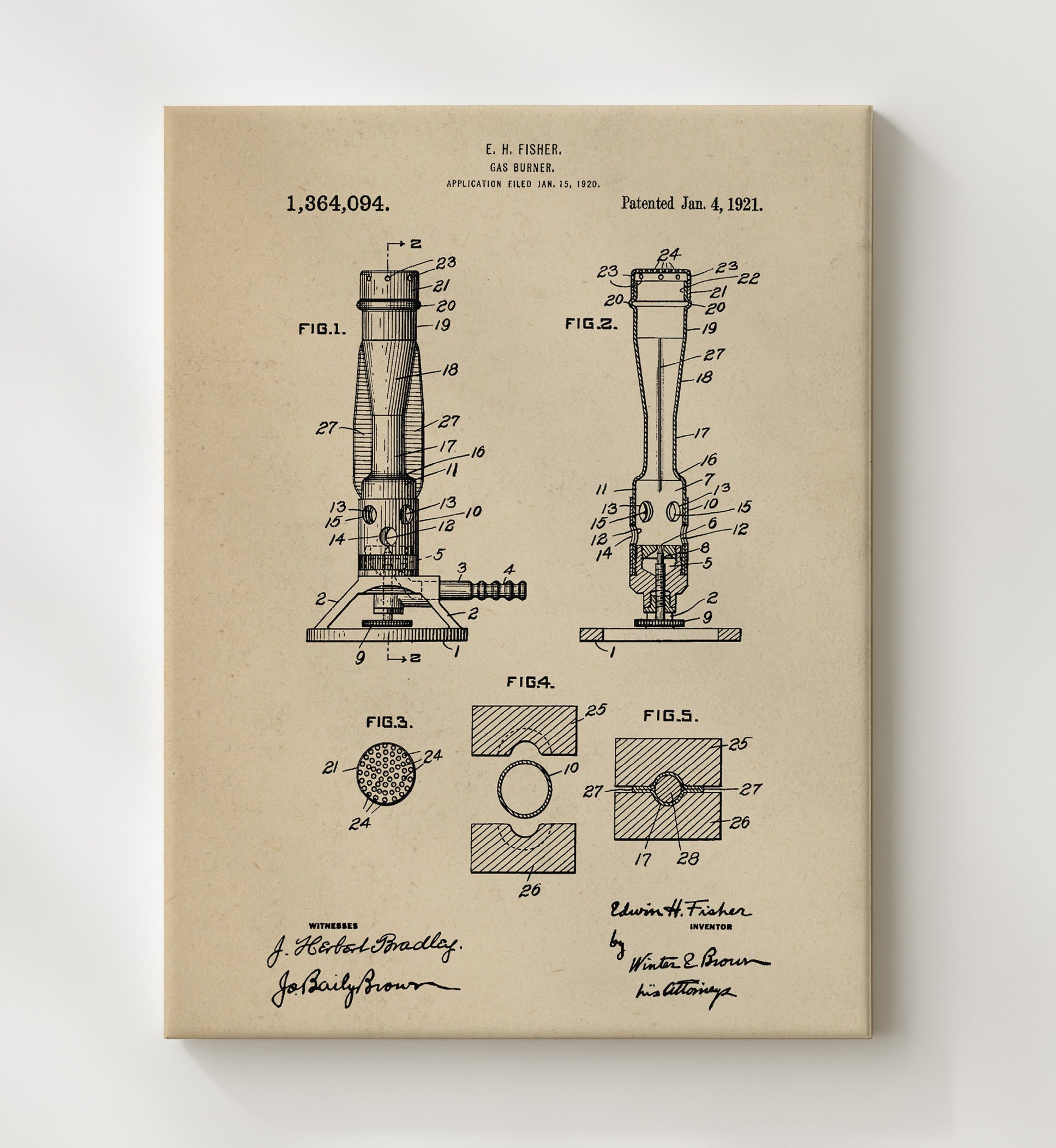 Patent Print - Gas Burner - Edwin H Fisher - 1921 - Patent 1364094 Patent Wall Art