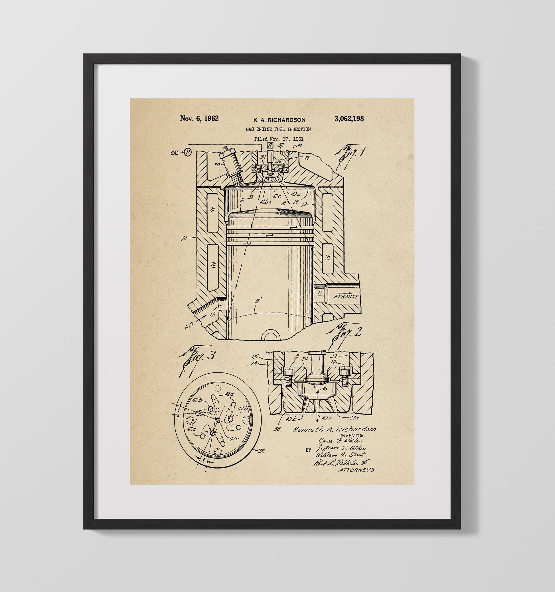 Patent Print - Gas Engine Fuel Injection - Kenneth A Richardson - 1962 - Patent 3062198 Patent Wall Art