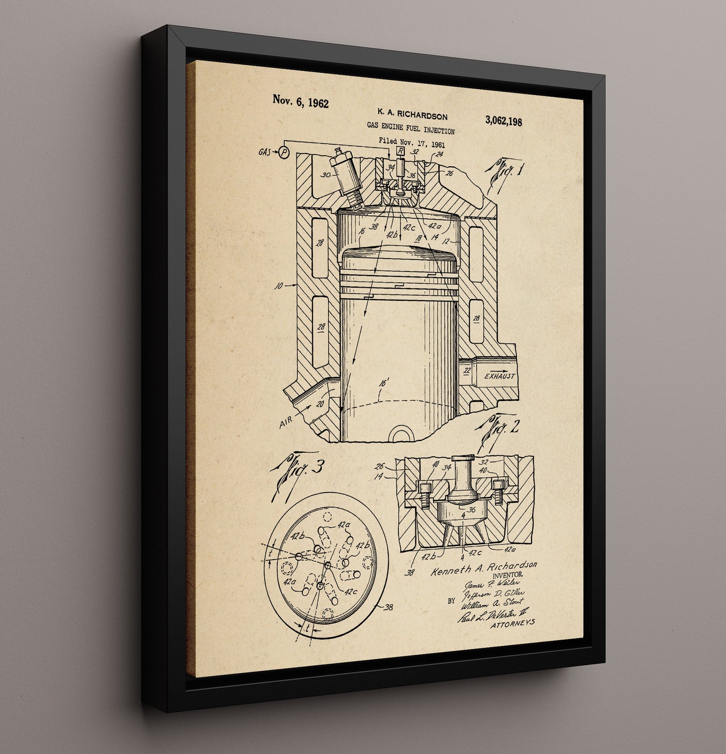 Patent Print - Gas Engine Fuel Injection - Kenneth A Richardson - 1962 - Patent 3062198 Patent Wall Art