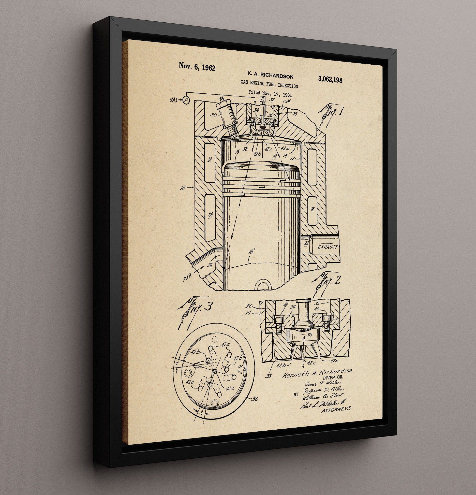 Patent Print - Gas Engine Fuel Injection - Kenneth A Richardson - 1962 - Patent 3062198 Patent Wall Art