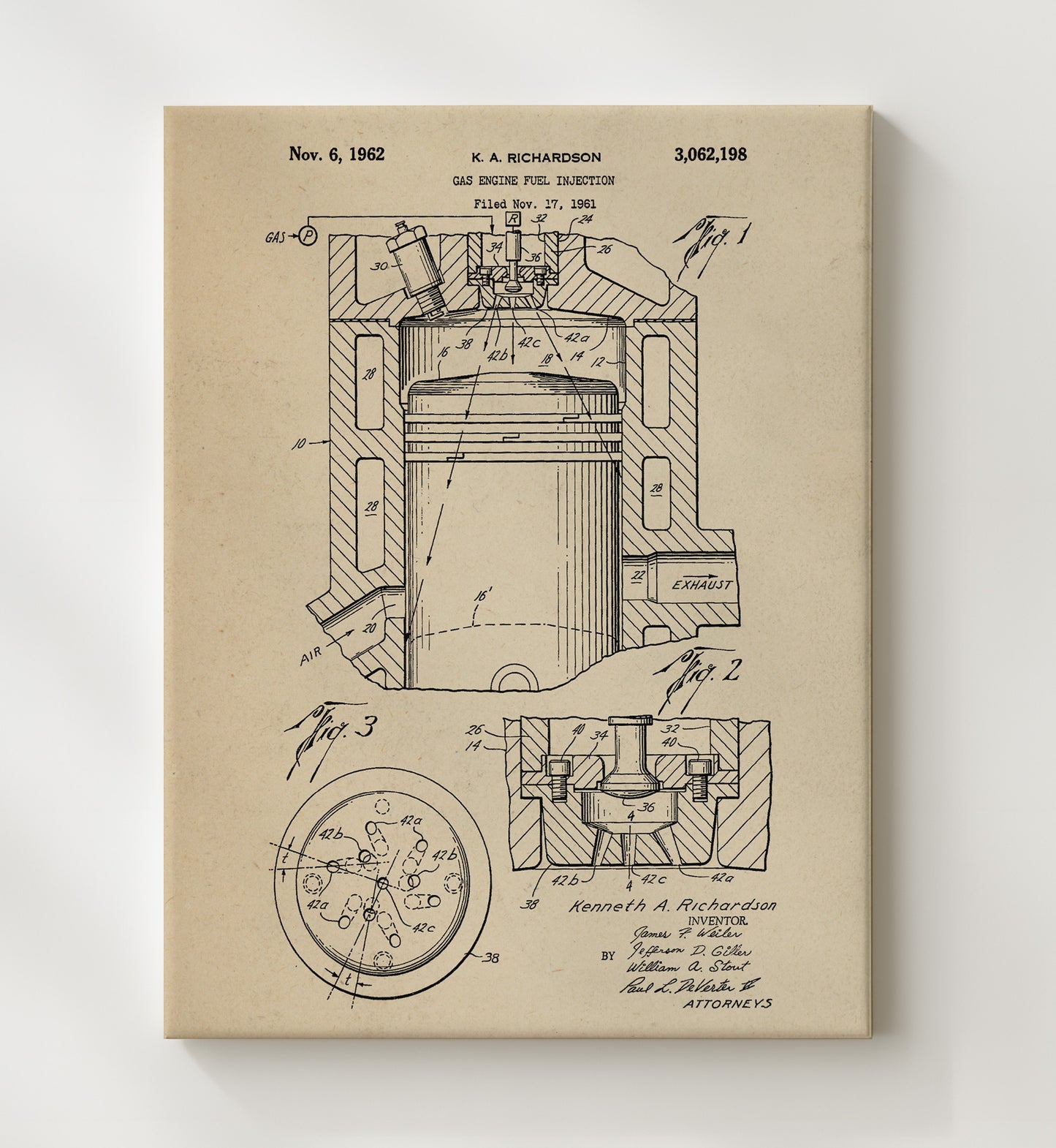 Patent Print - Gas Engine Fuel Injection - Kenneth A Richardson - 1962 - Patent 3062198 Patent Wall Art