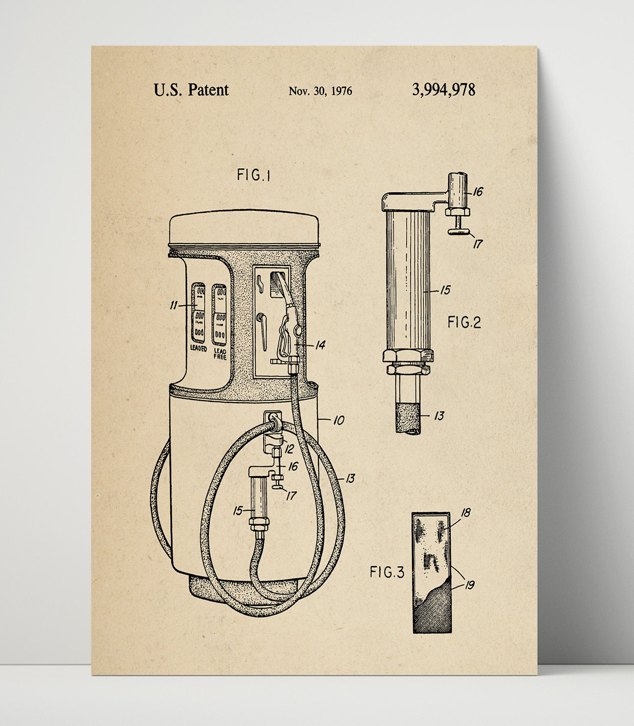 Patent Print - Gas Pump Filter System - Unknown Inventor - 1976 - Patent 3994978 Patent Wall Art