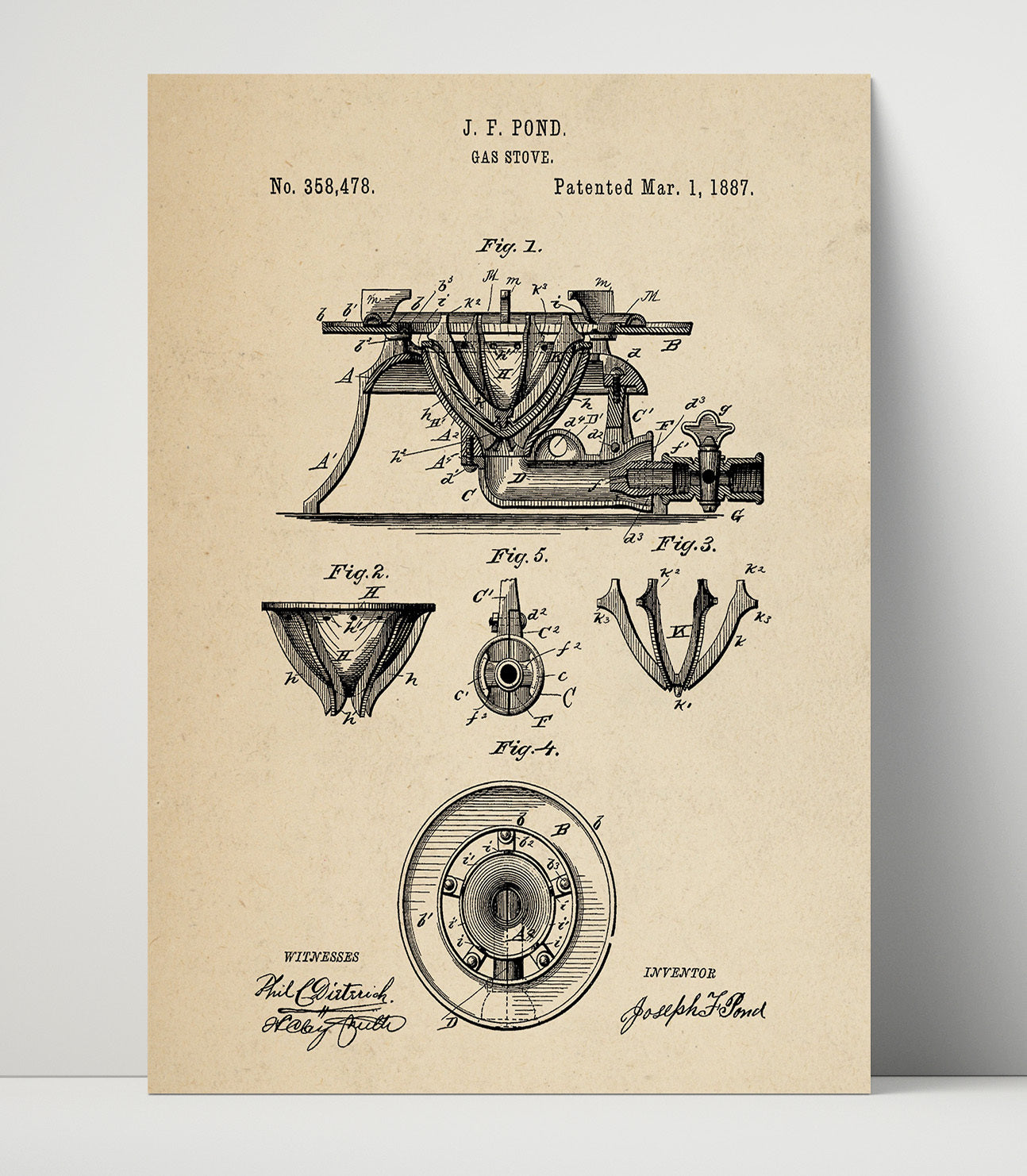 Patent Print - Gas Stove - J.F. Pond - 1887 - Patent 358478 Patent Wall Art