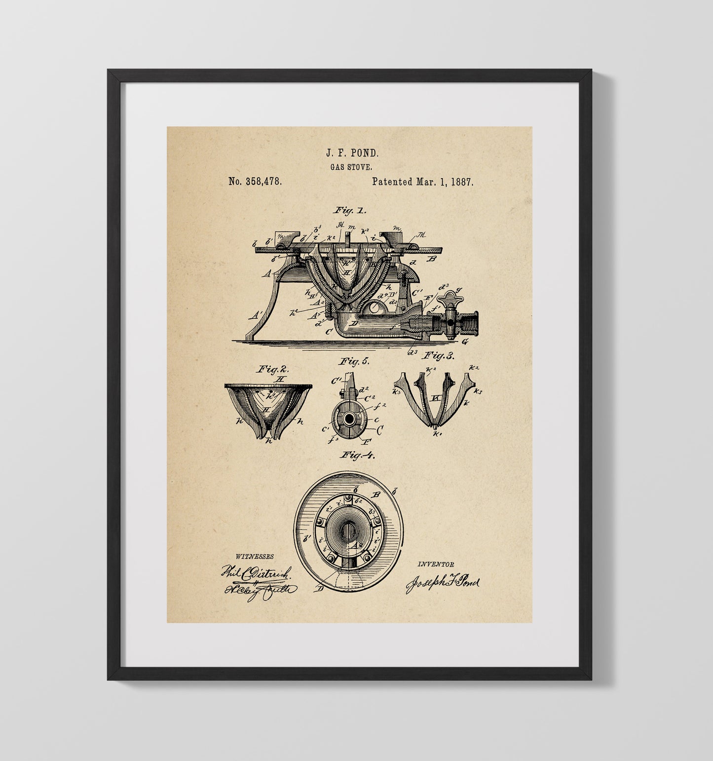Patent Print - Gas Stove - J.F. Pond - 1887 - Patent 358478 Patent Wall Art