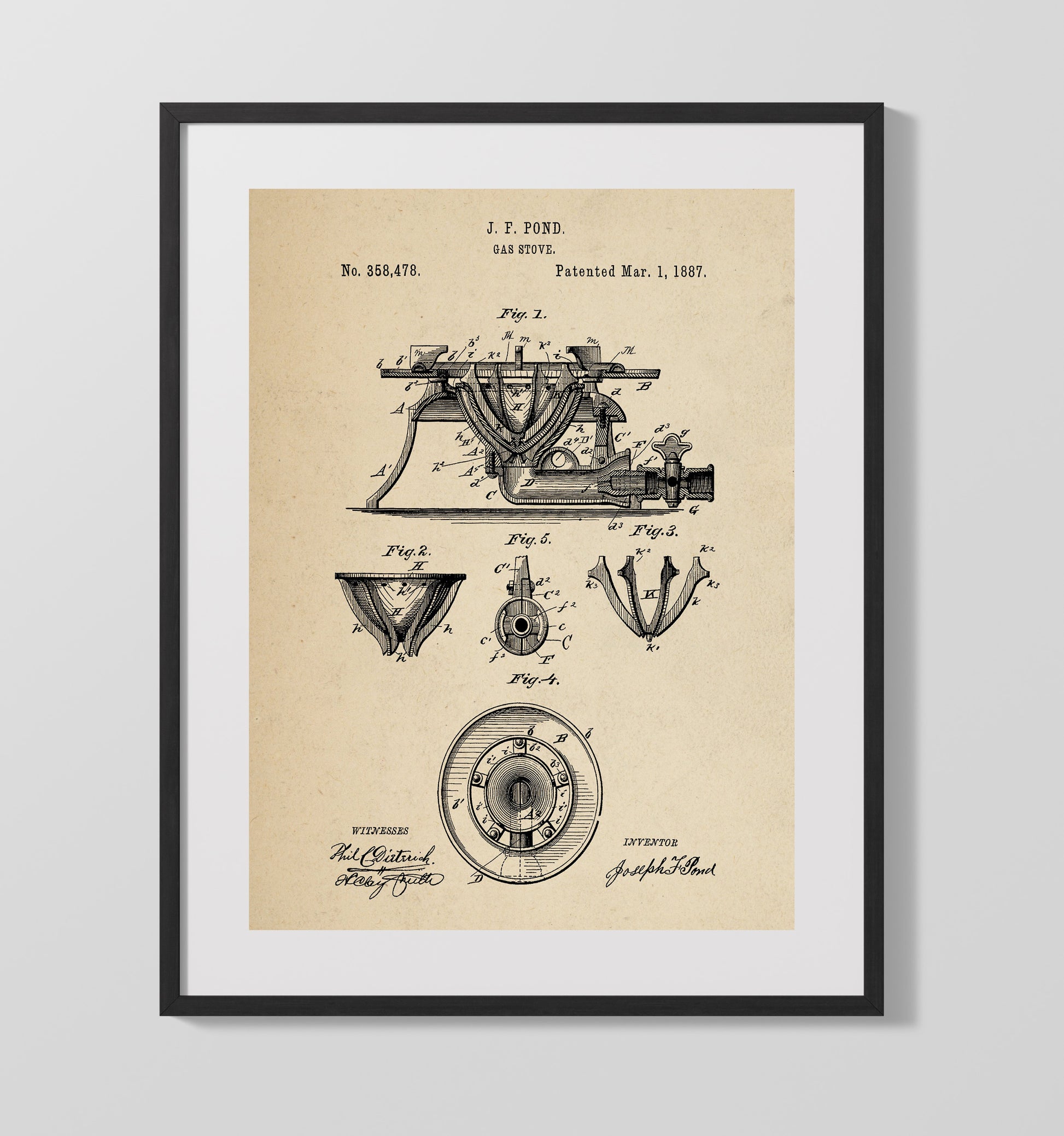Patent Print - Gas Stove - J.F. Pond - 1887 - Patent 358478 Patent Wall Art