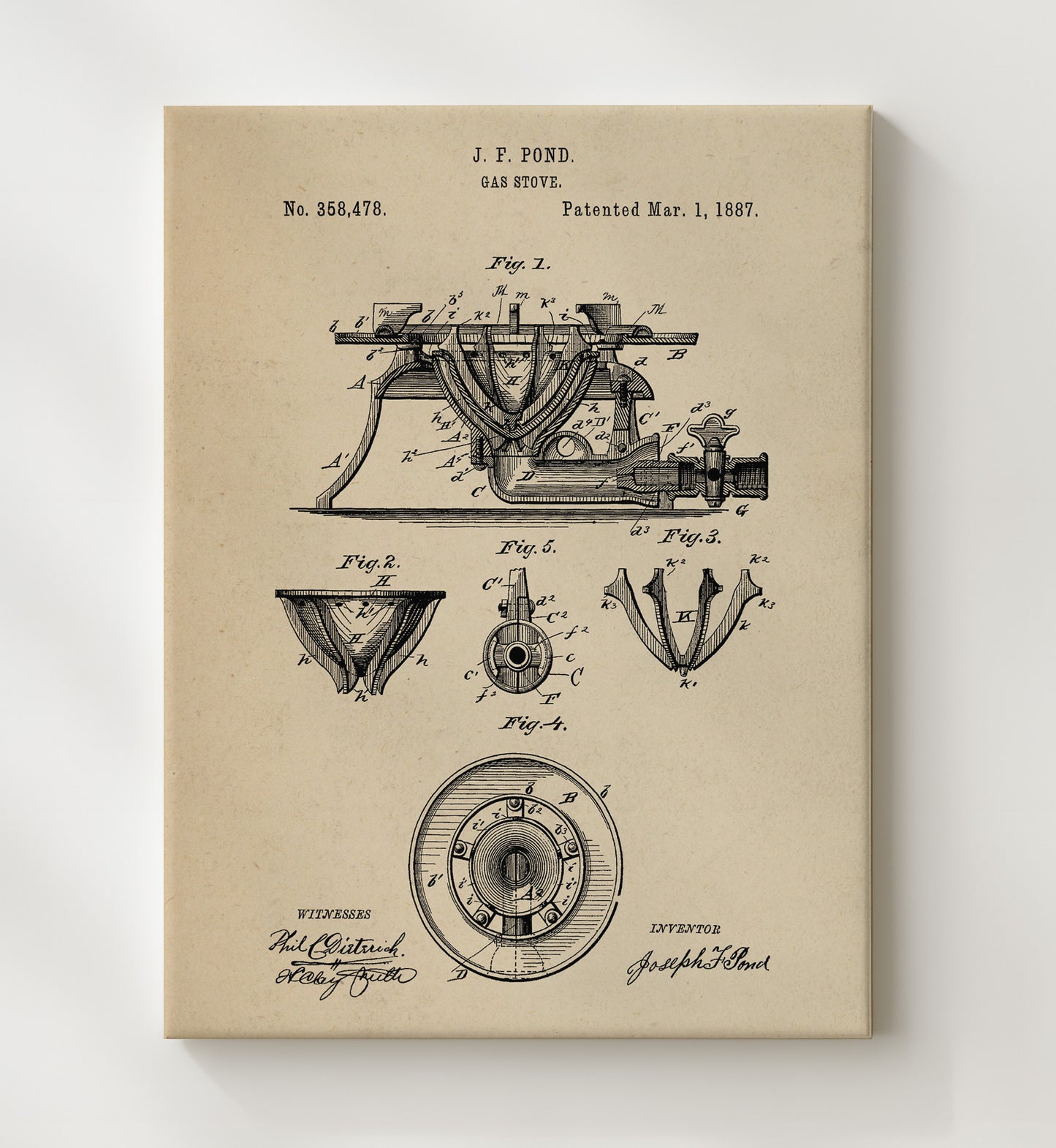 Patent Print - Gas Stove - J.F. Pond - 1887 - Patent 358478 Patent Wall Art