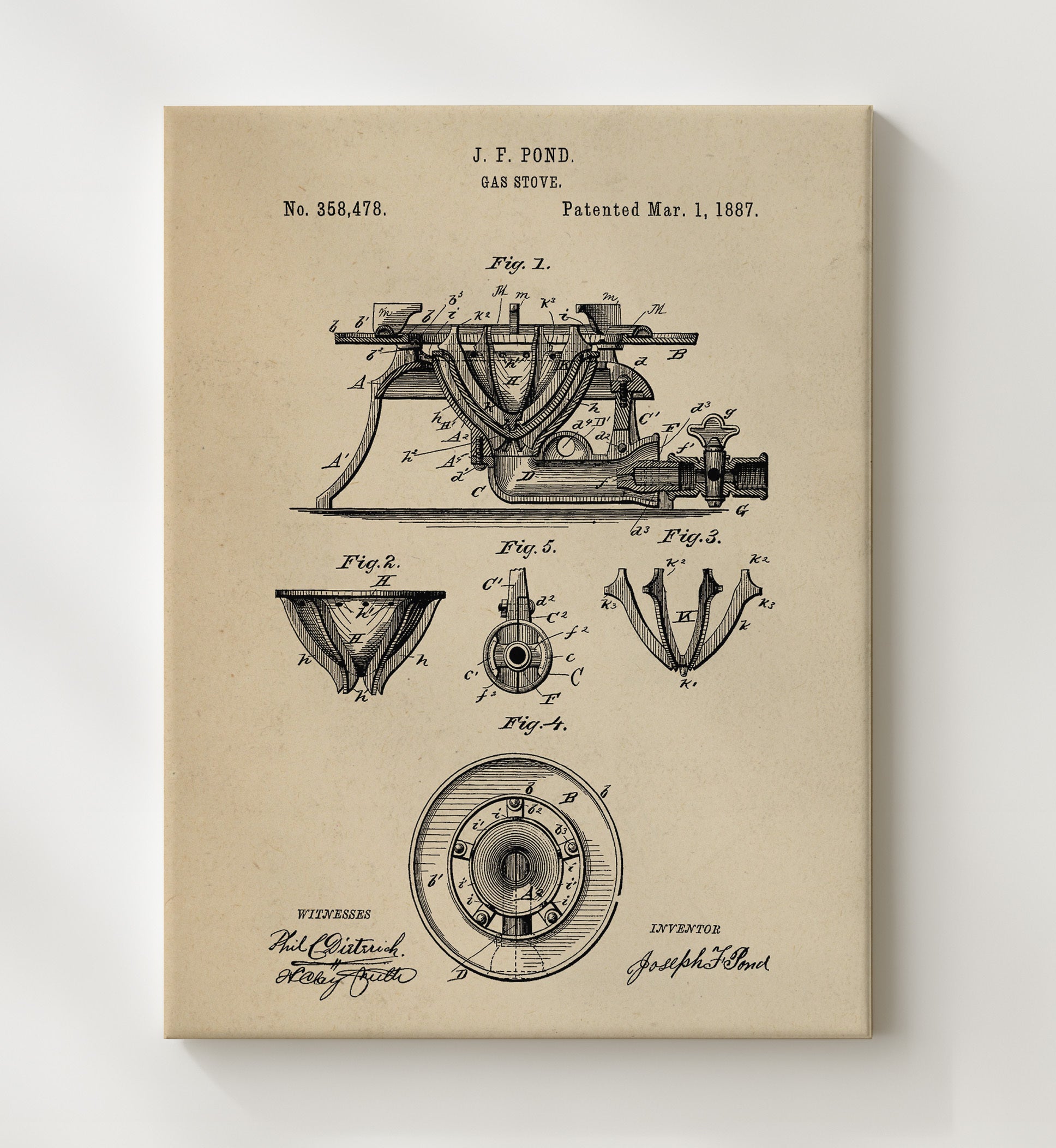 Patent Print - Gas Stove - J.F. Pond - 1887 - Patent 358478 Patent Wall Art