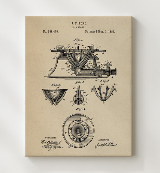 Gas Stove 1887 patent print wall art 8x10 Canvas