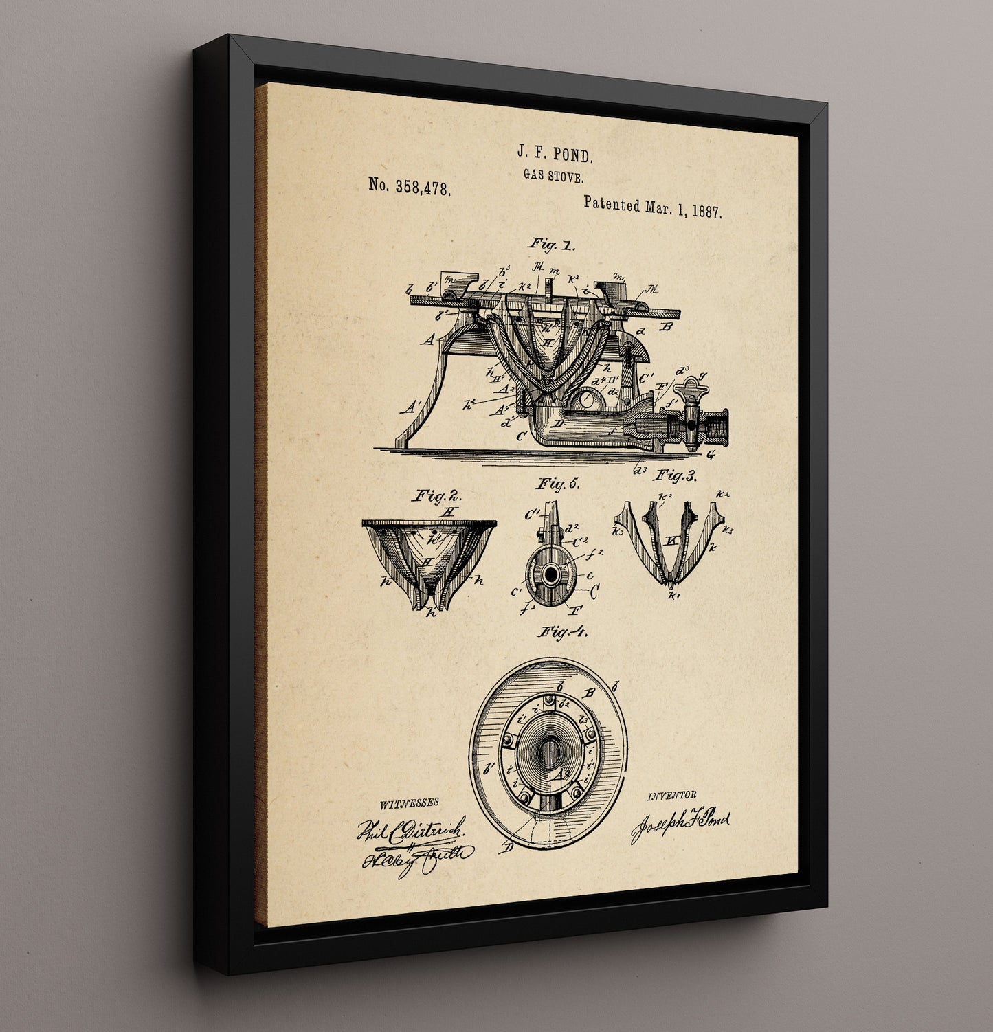 Patent Print - Gas Stove - J.F. Pond - 1887 - Patent 358478 Patent Wall Art
