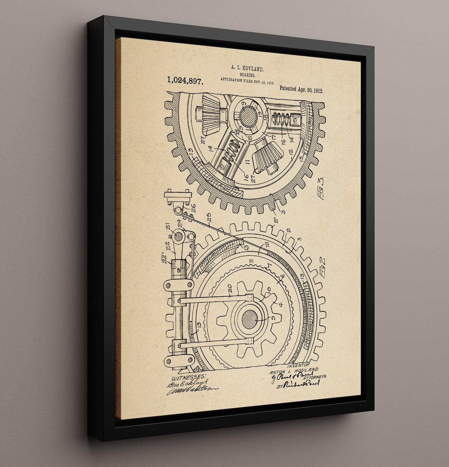 Patent Print - Gear Assembly - Anton I Hovland - 1912 - Patent 1024897 Patent Wall Art
