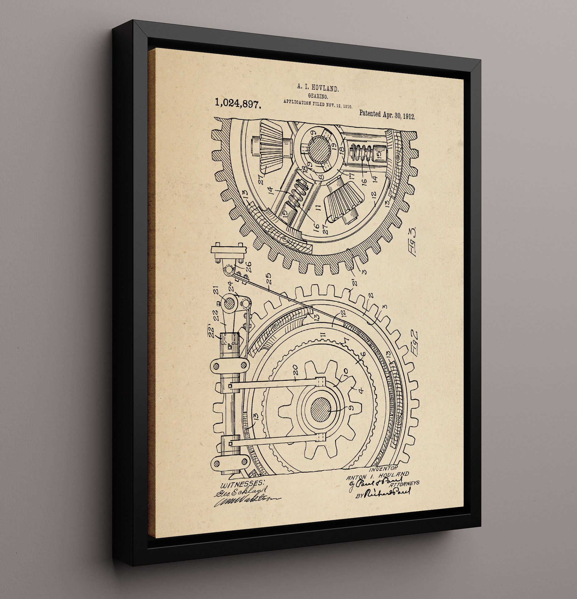 Patent Print - Gear Assembly - Anton I Hovland - 1912 - Patent 1024897 Patent Wall Art